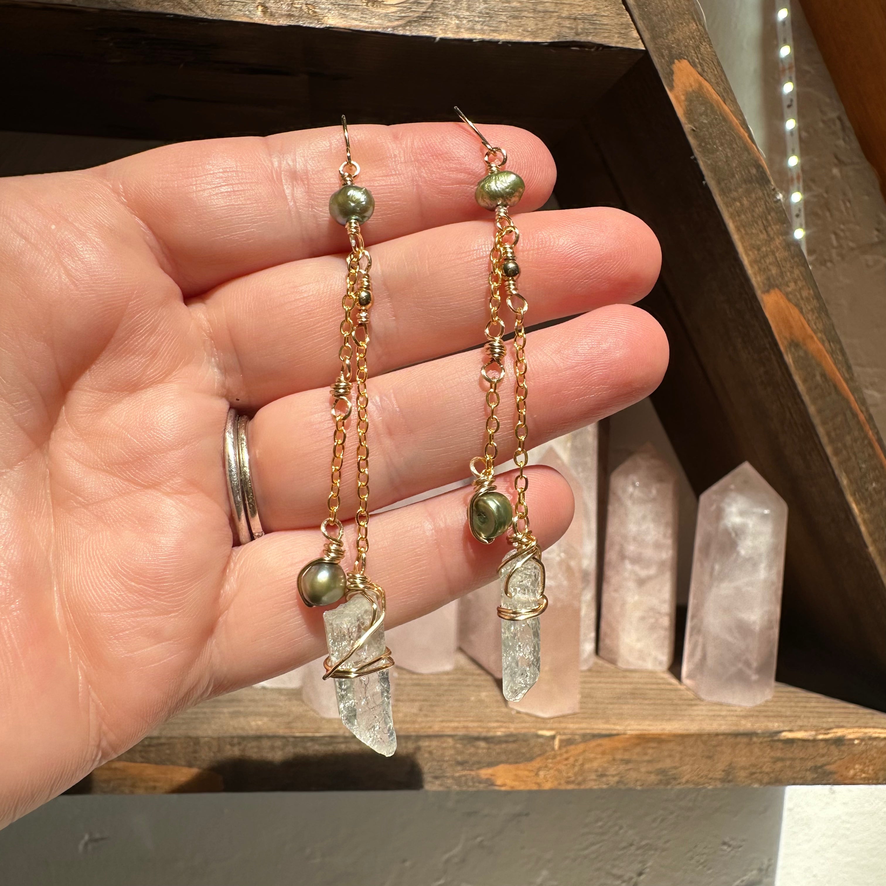 Dangle Gold Pearl & Quartz Crystal Point Earrings