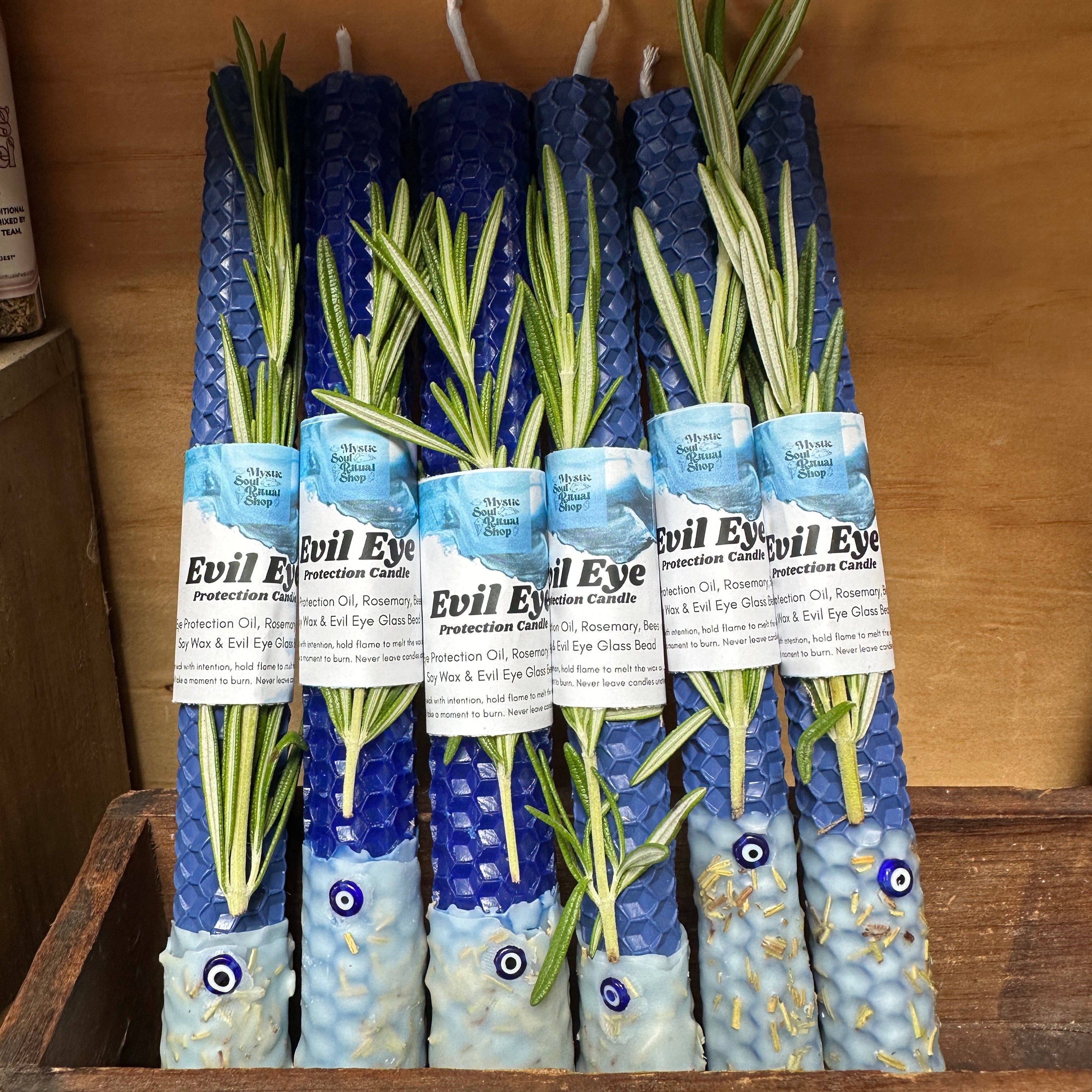 🧿 Evil Eye Protection Candle – Rolled Beeswax with Dipped Soy Wax Base