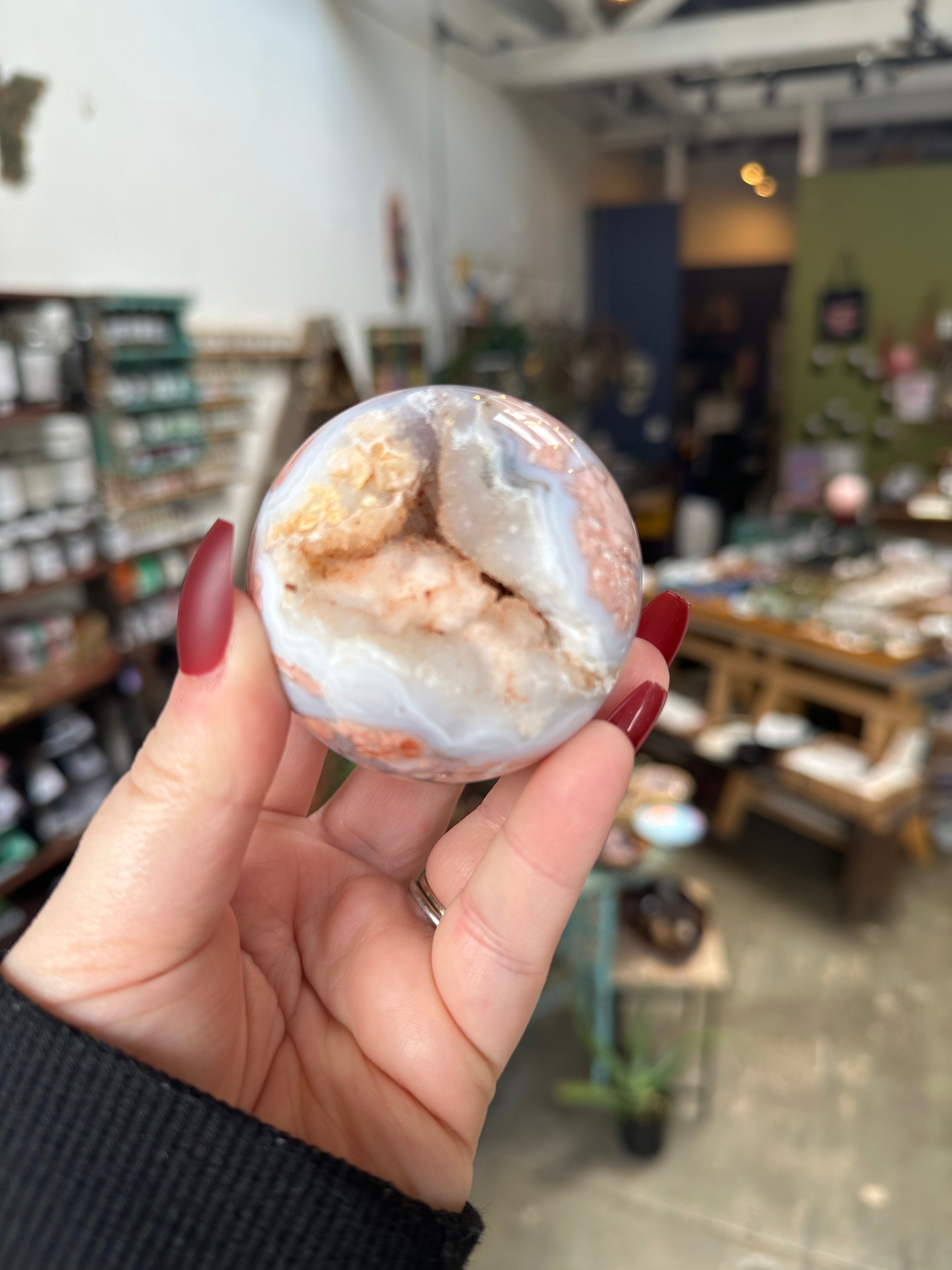 Pink Flower Agate Druzy Sphere