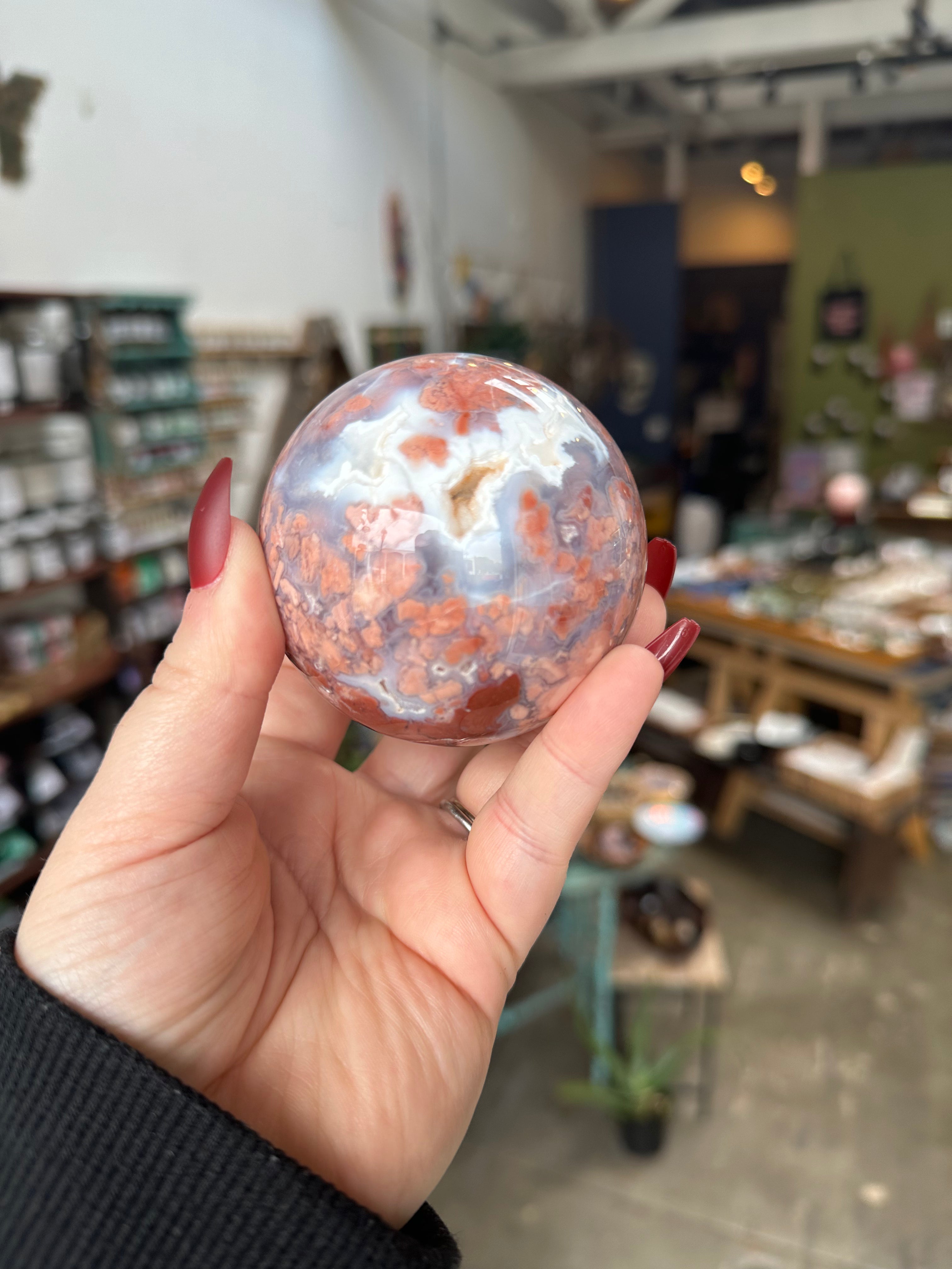 Pink Flower Agate Druzy Sphere