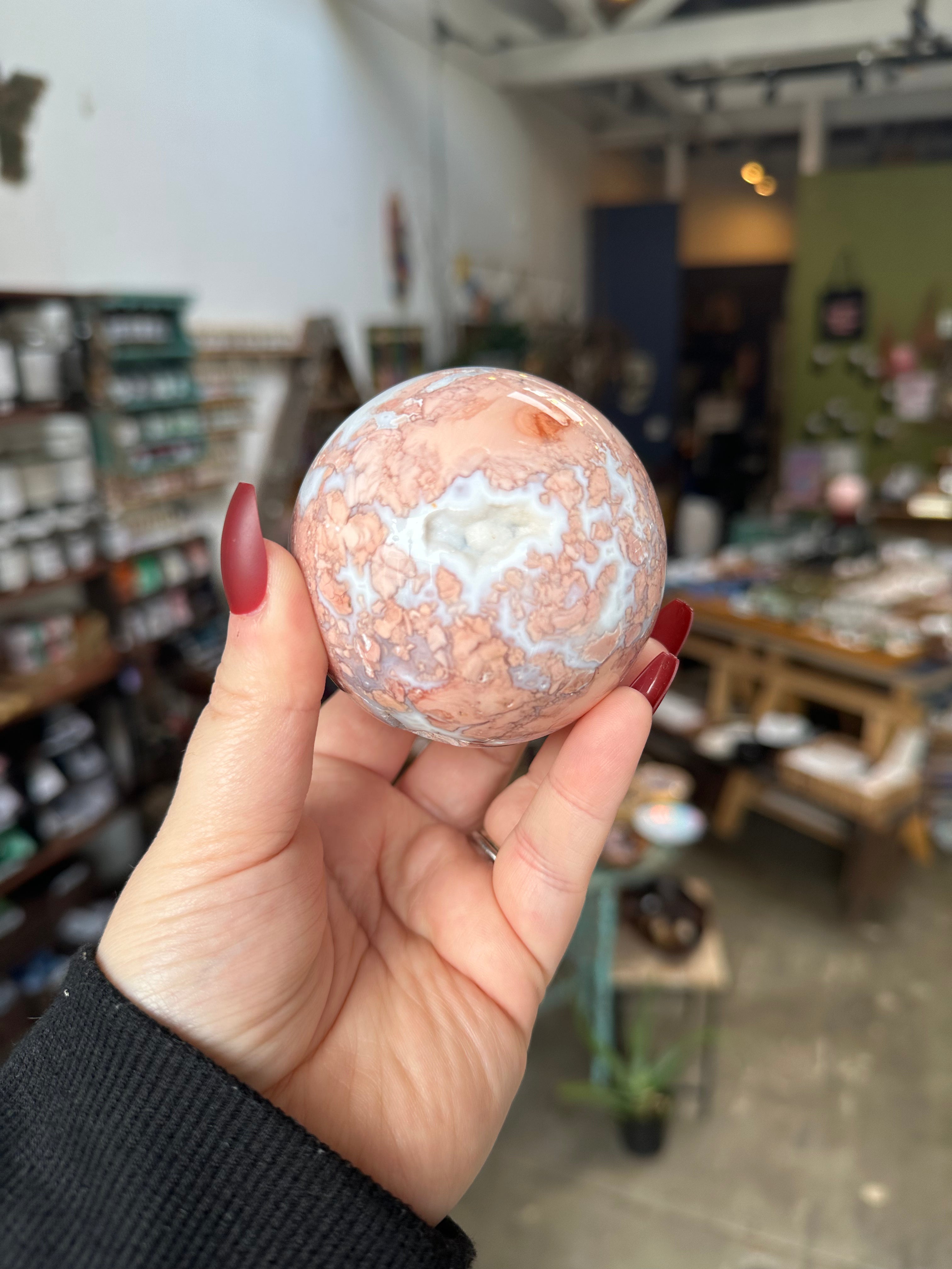 Pink Flower Agate Druzy Sphere