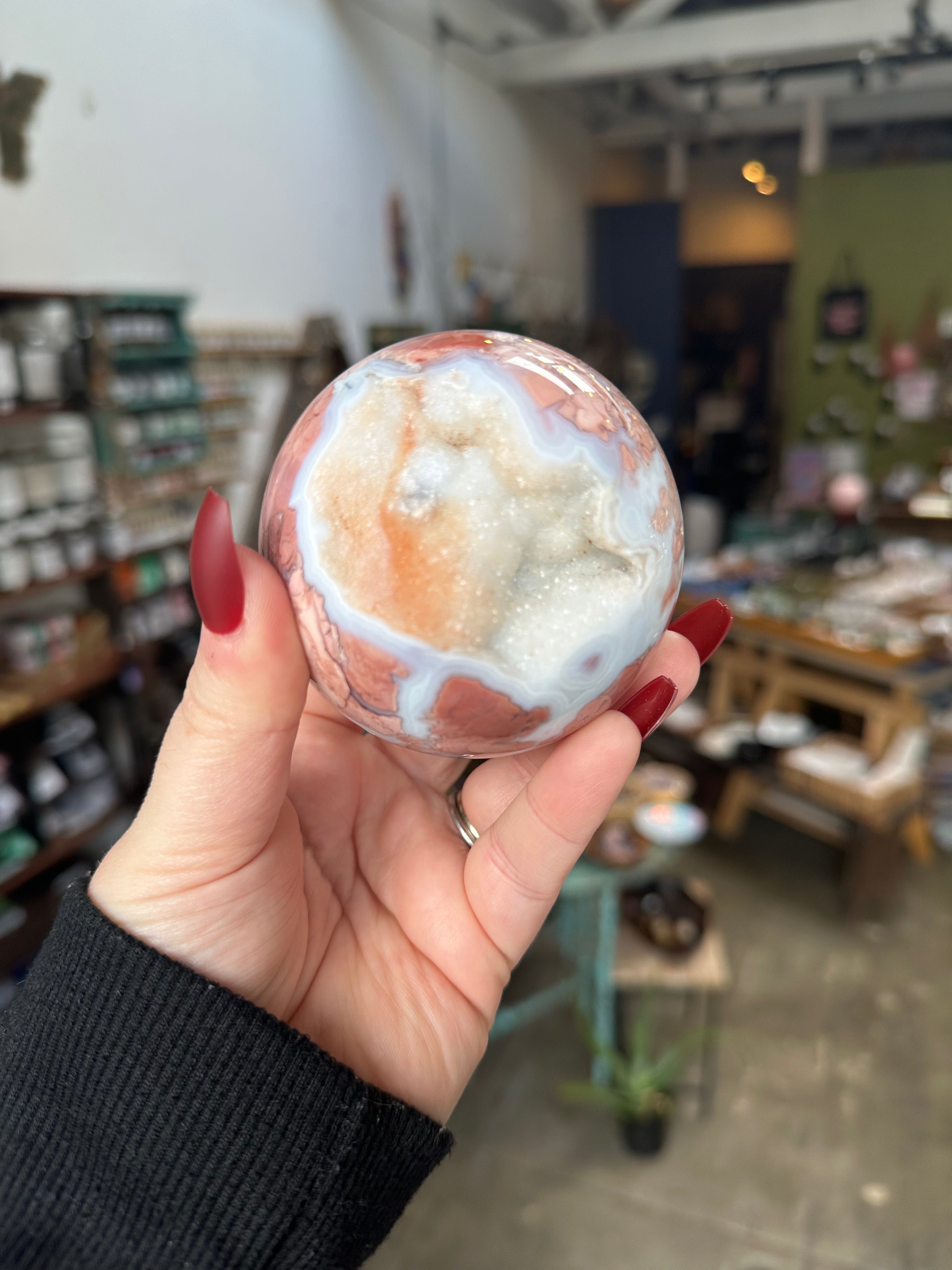 Pink Flower Agate Druzy Sphere
