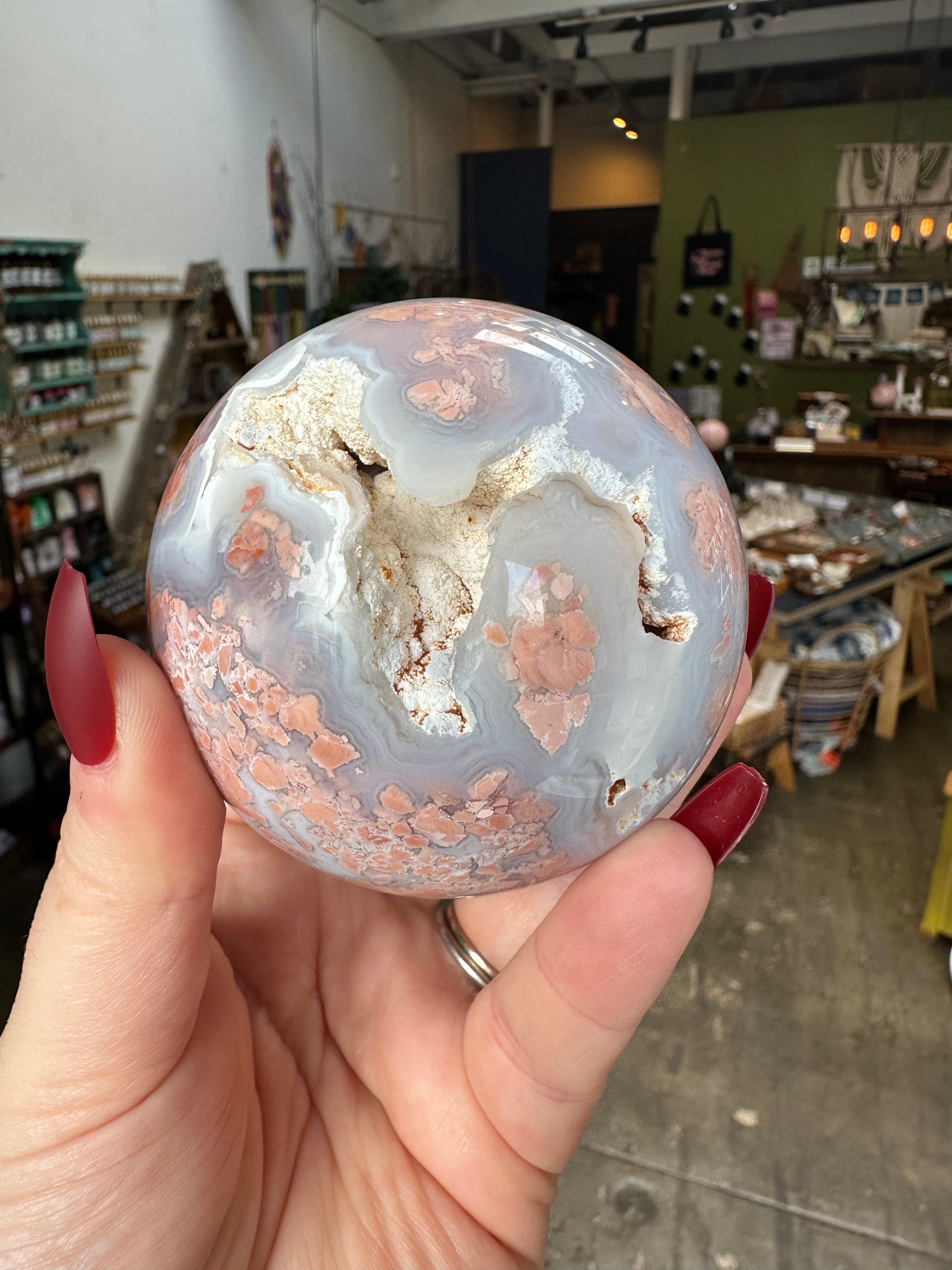 Pink Flower Agate Druzy Sphere