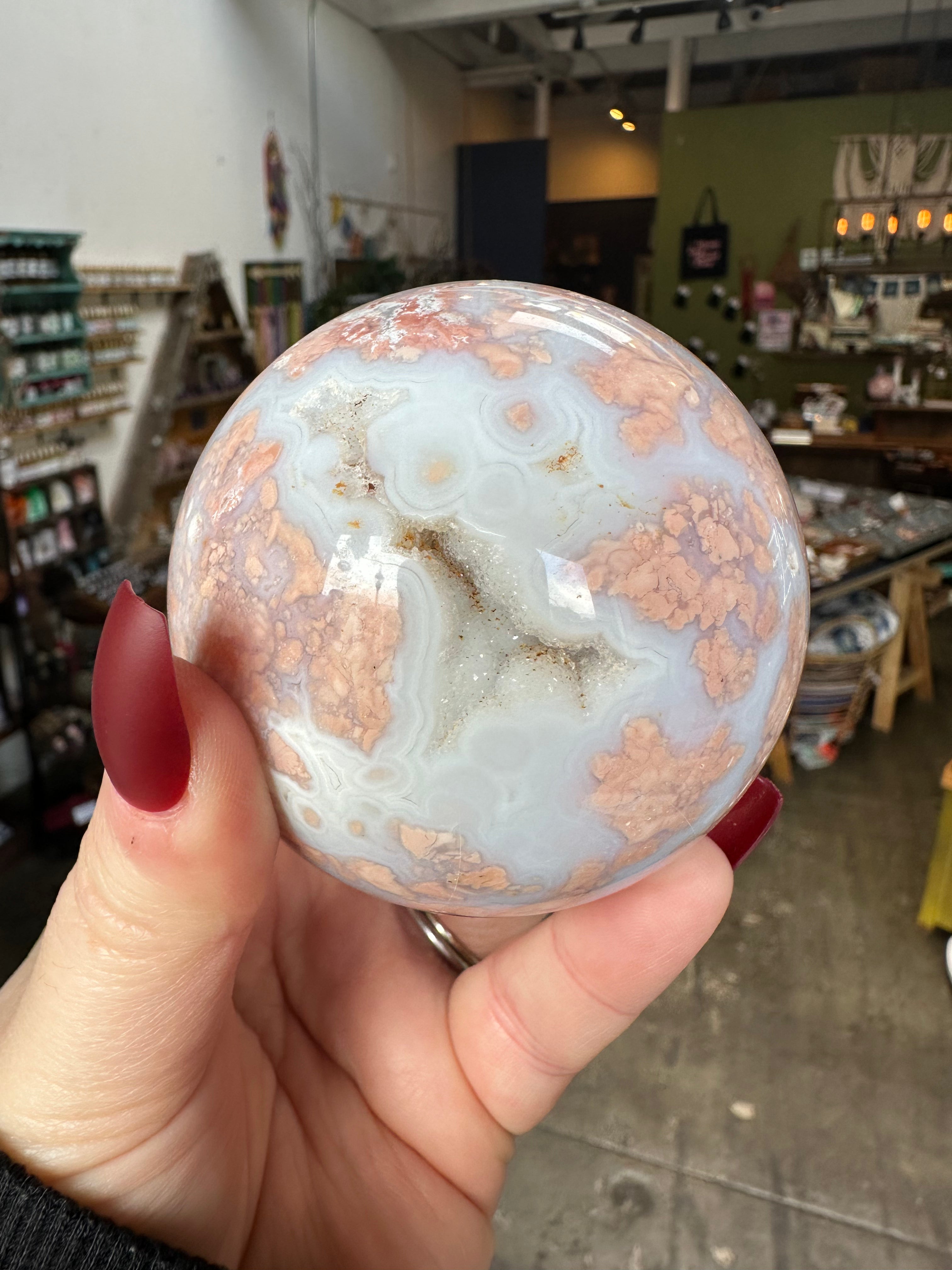 Pink Flower Agate Druzy Sphere