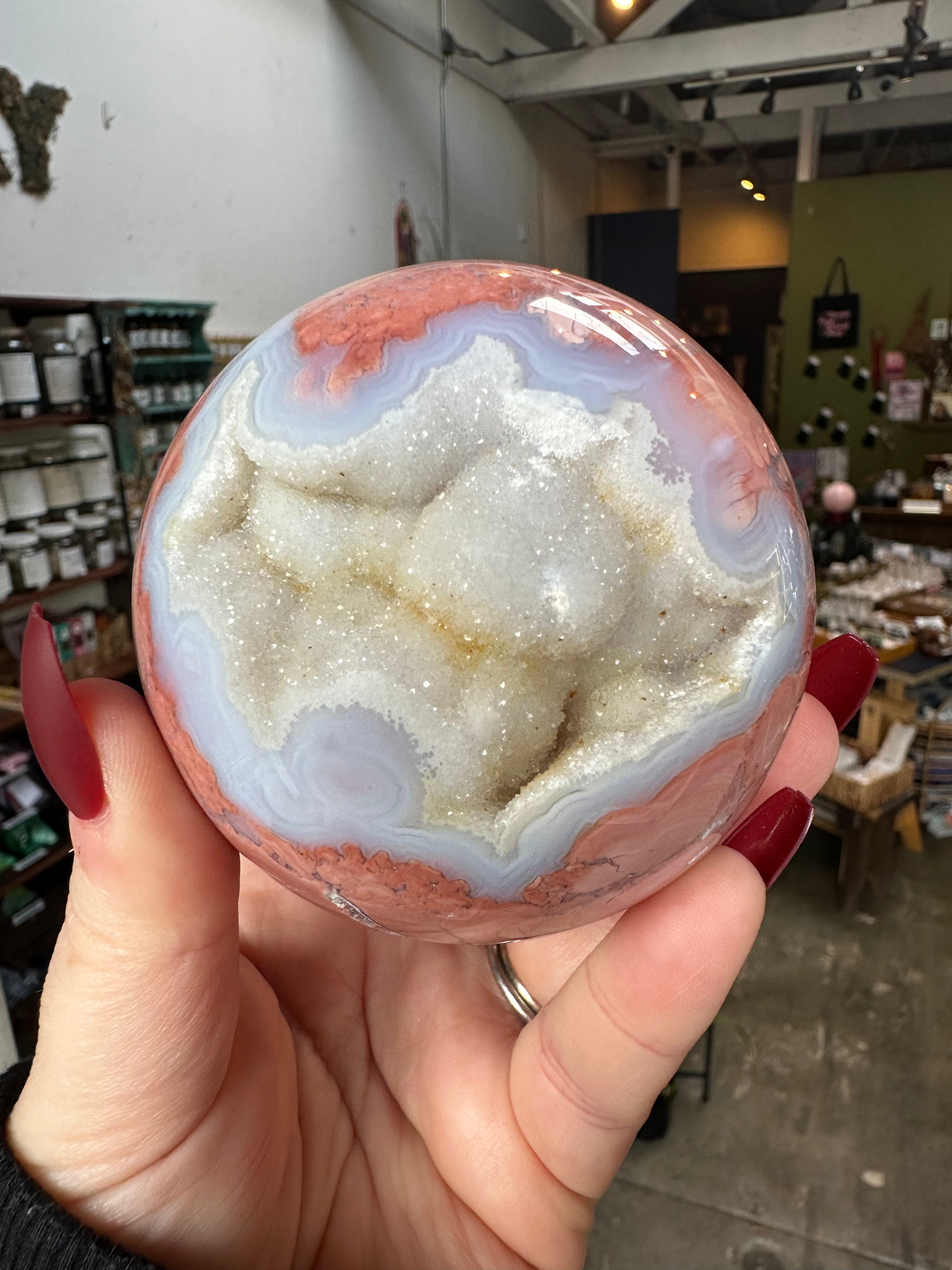 Pink Flower Agate Druzy Sphere