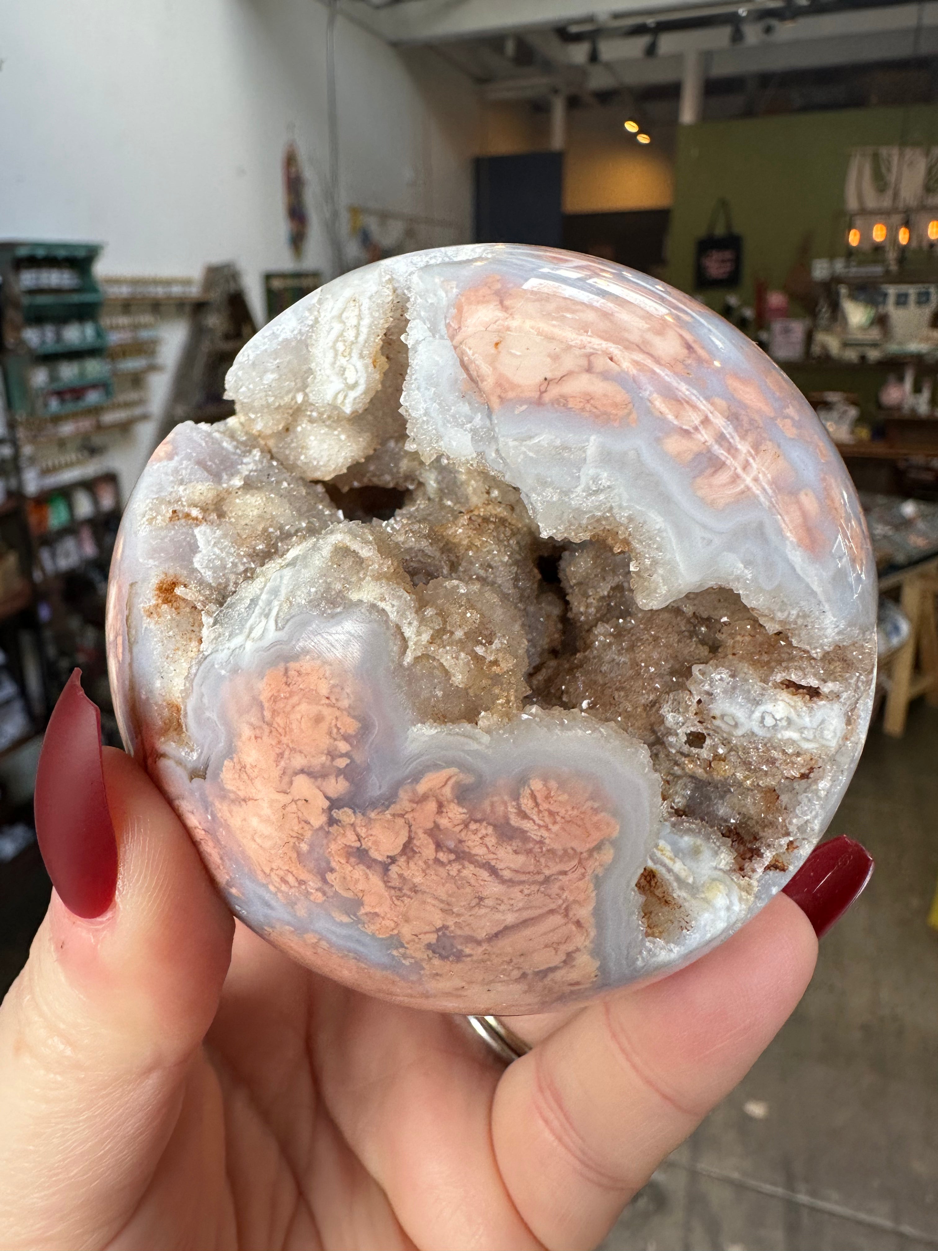 Pink Flower Agate Druzy Sphere