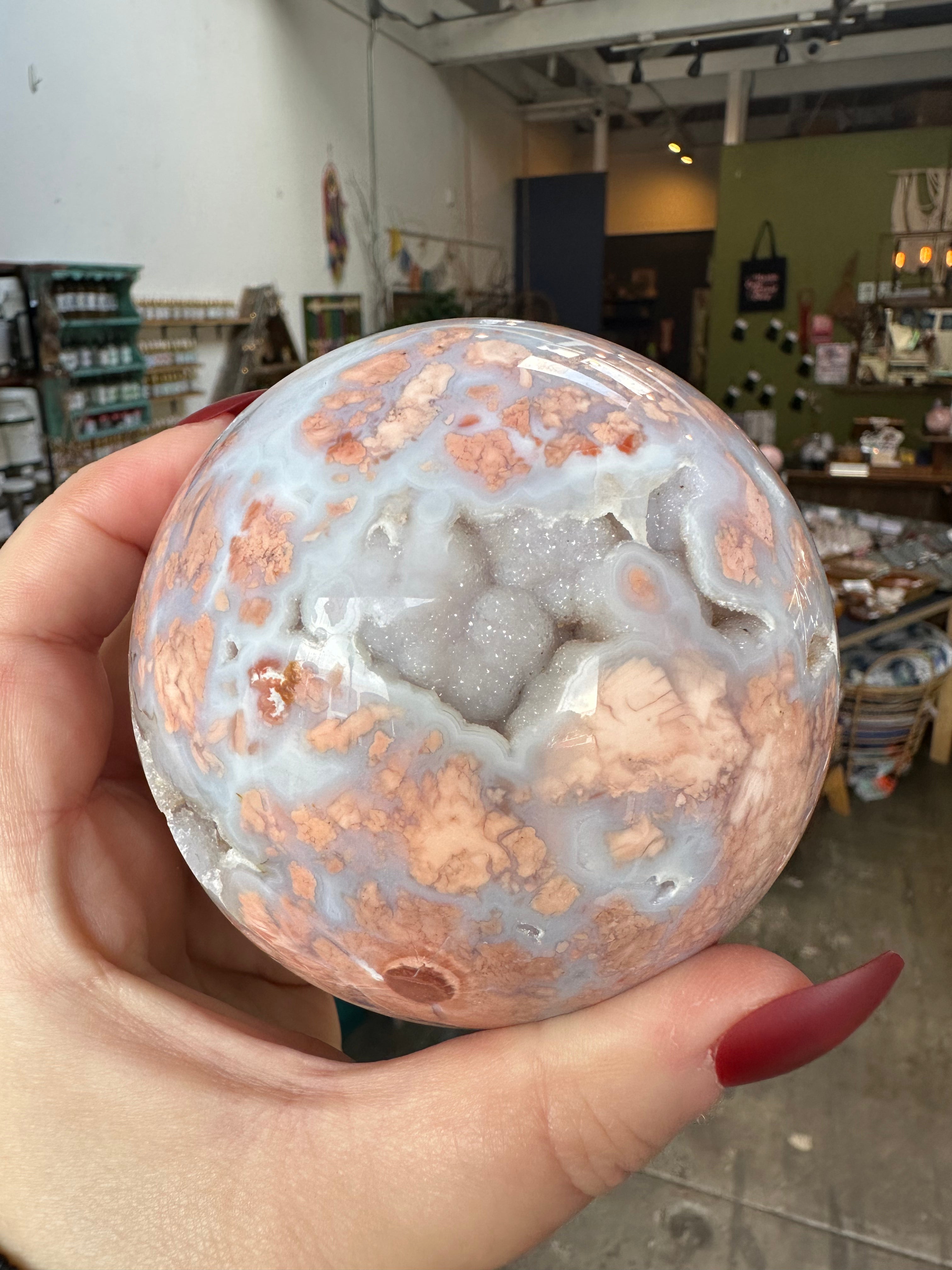 Pink Flower Agate Druzy Sphere