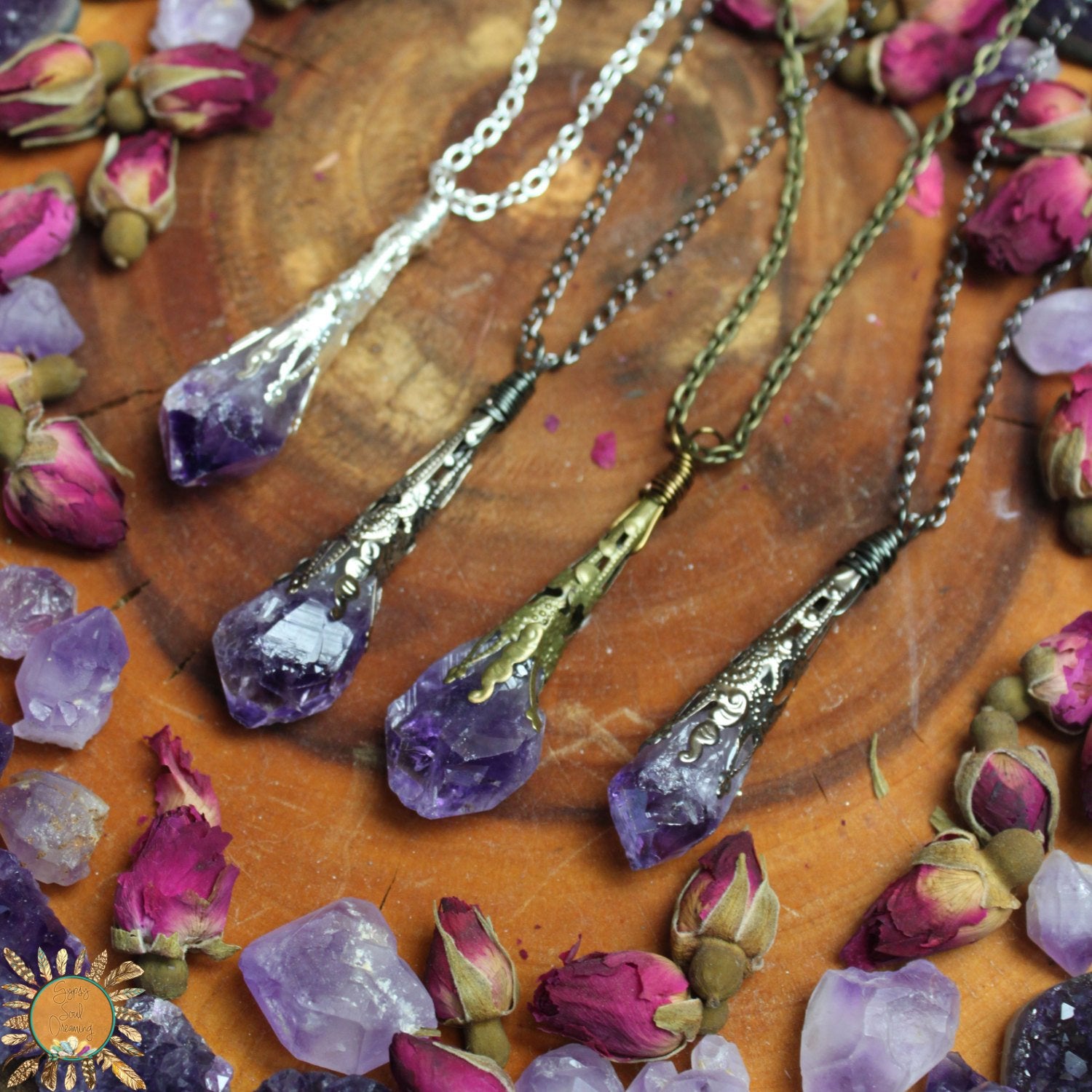 Amethyst Point Pendant Necklace with Ornate Vintage Detail