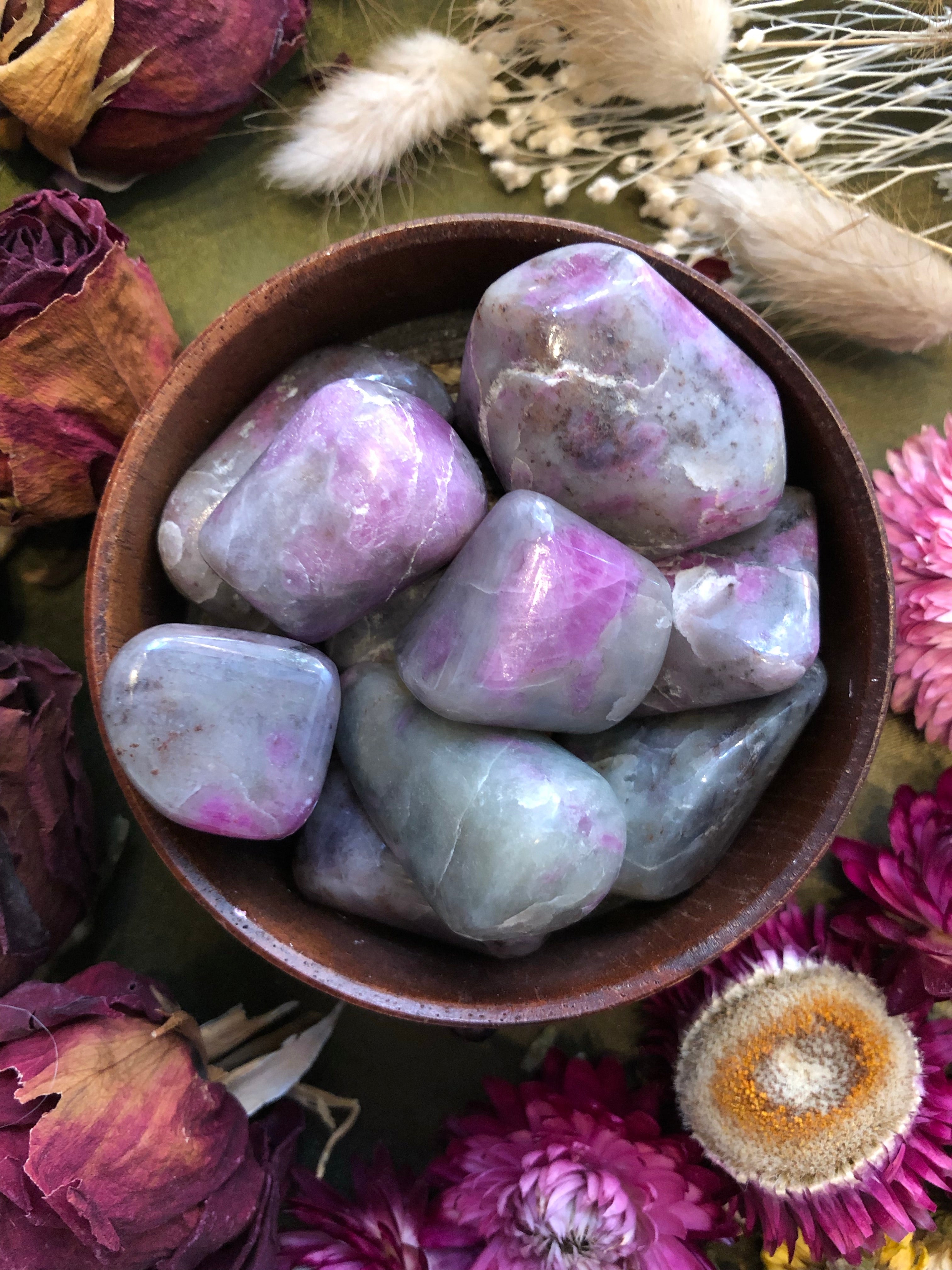 Ruby In Chalcedony with Tourmaline Tumbled Stones for Balance