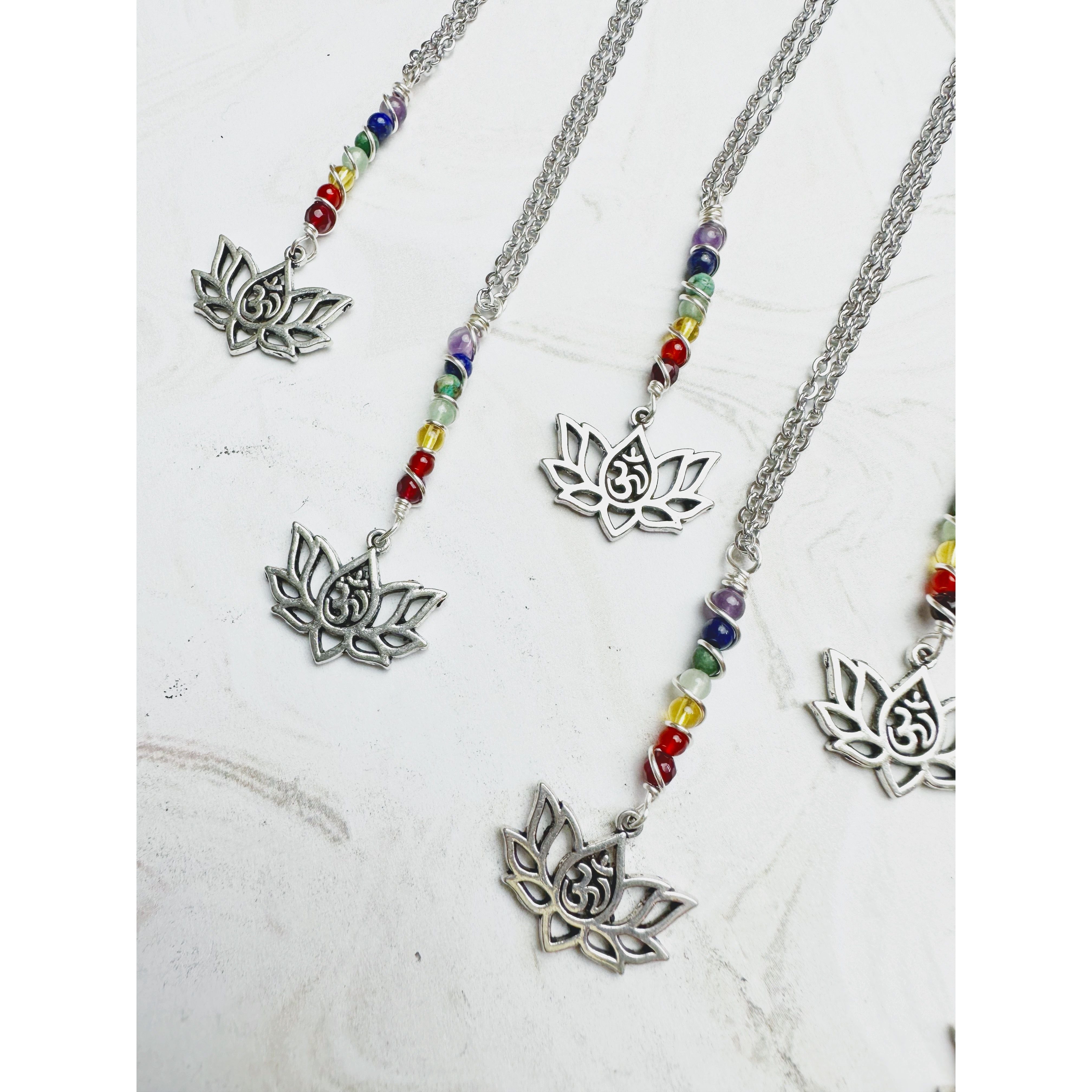 Chakra Dangle Necklace with Crystal Beads and Lotus Flower Charm