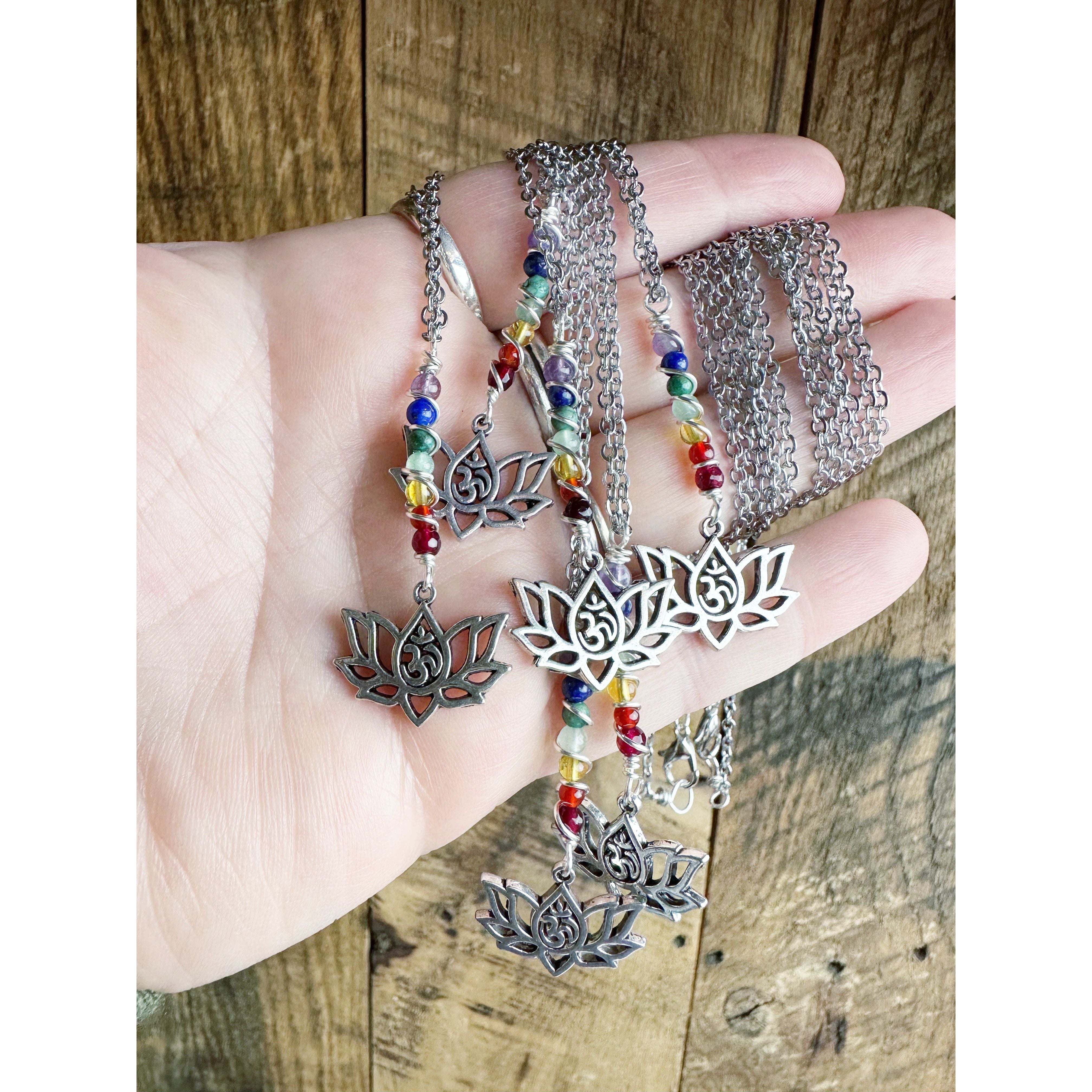 Chakra Dangle Necklace with Crystal Beads and Lotus Flower Charm