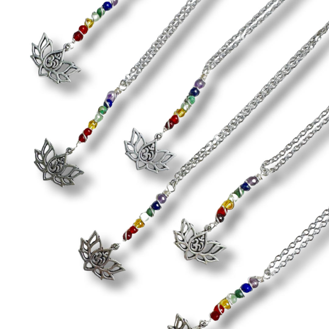 Chakra Dangle Necklace with Crystal Beads and Lotus Flower Charm