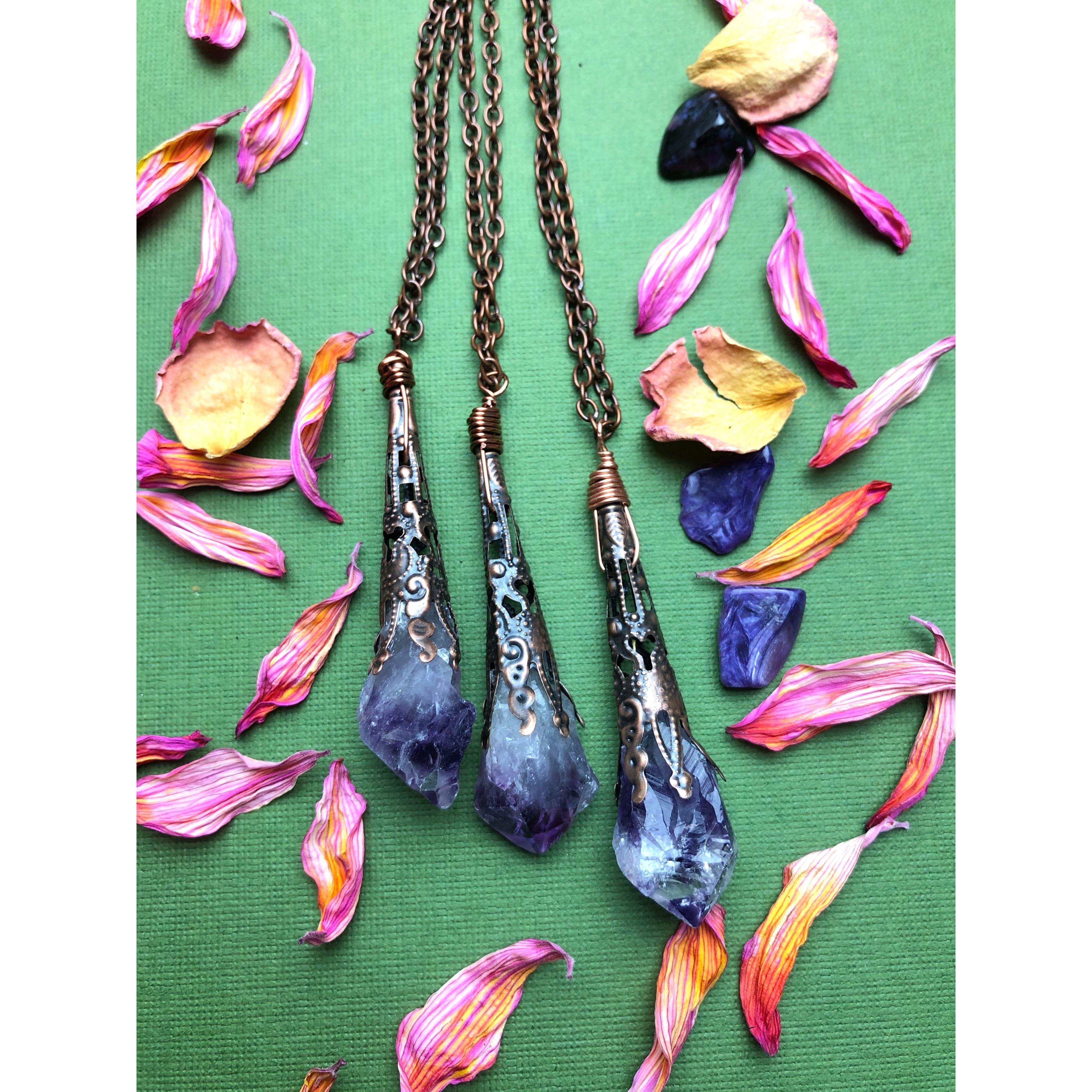 Amethyst Point Pendant Necklace with Ornate Vintage Detail