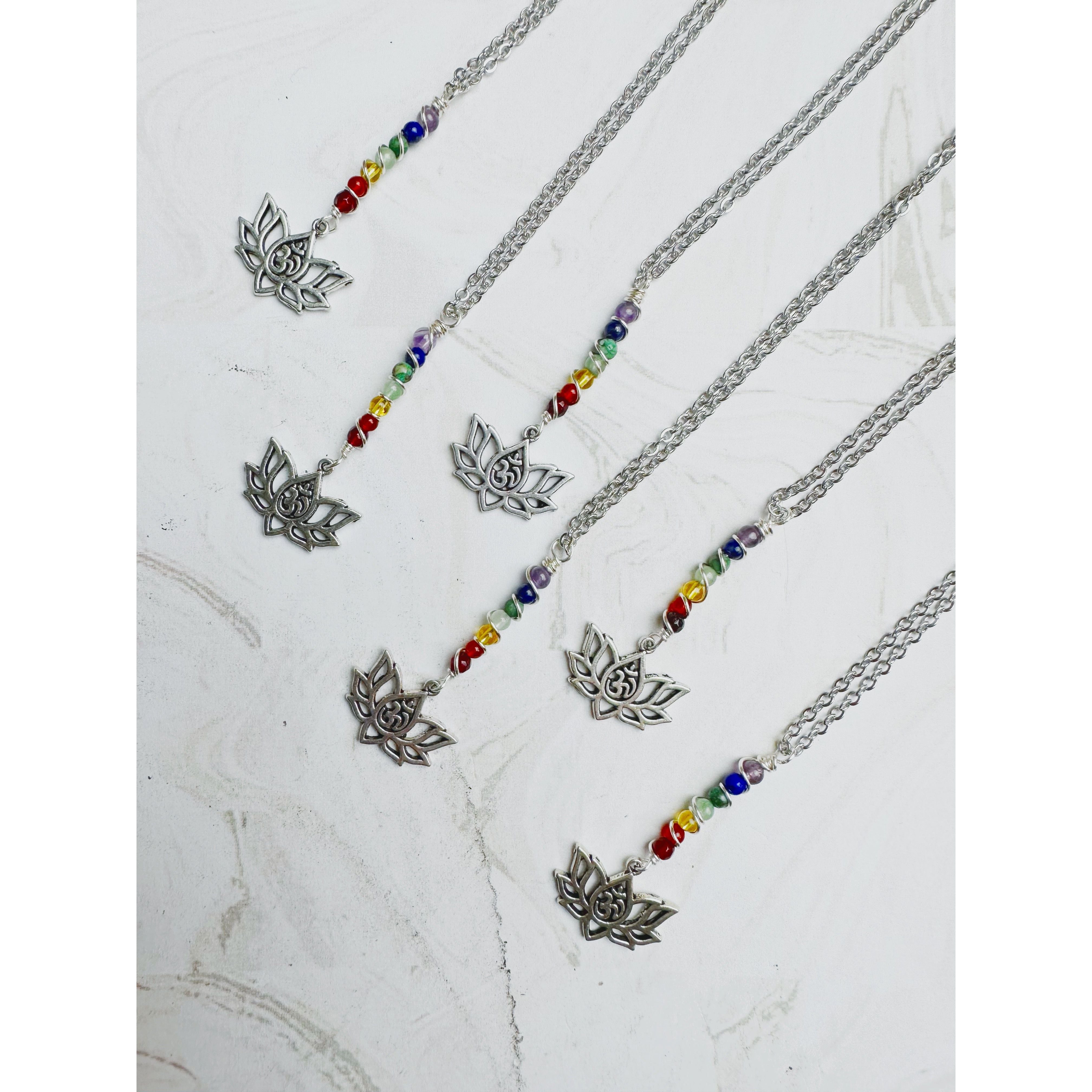 Chakra Dangle Necklace with Crystal Beads and Lotus Flower Charm