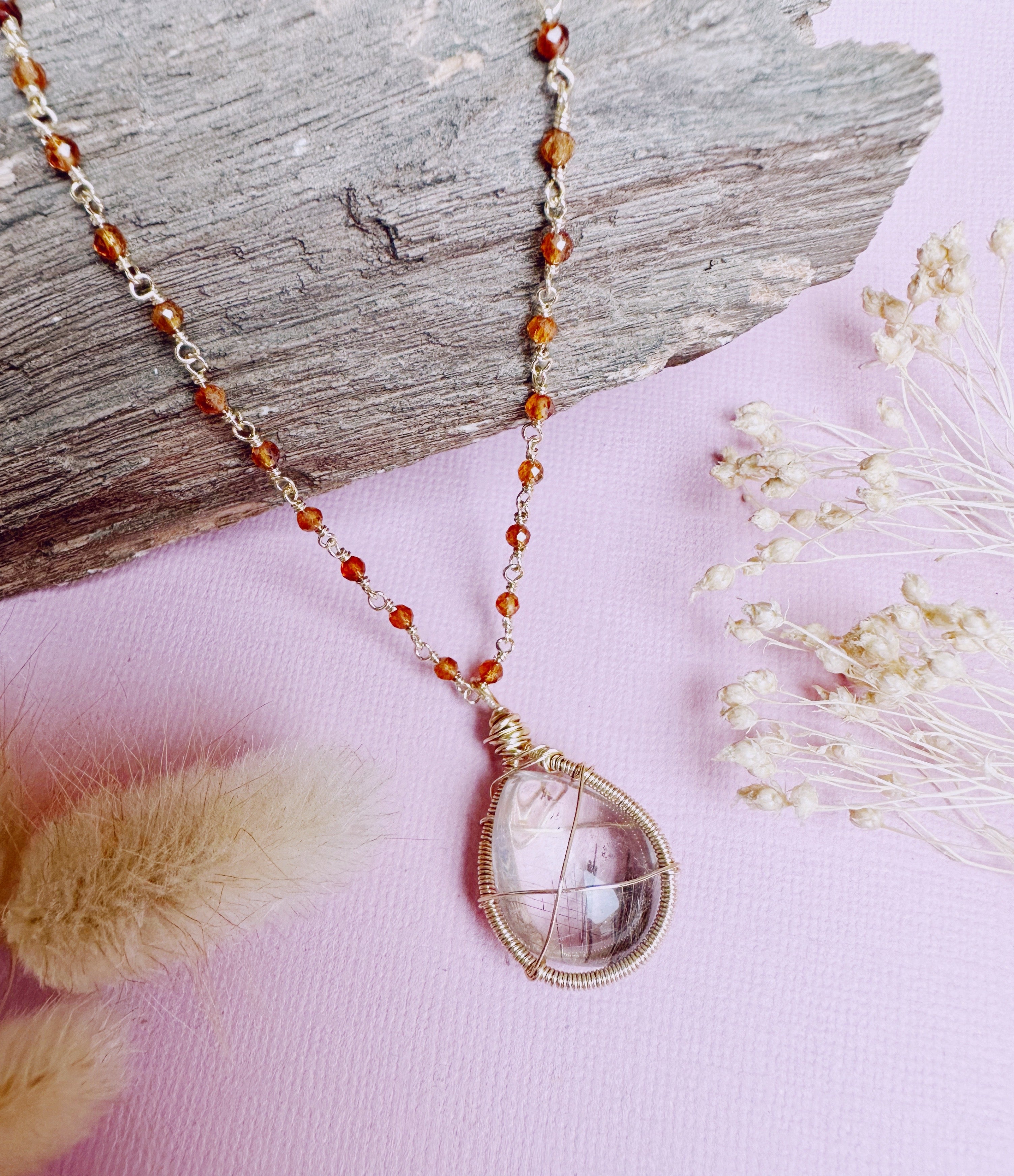Rutilated Quartz and Hessonite Garnet Necklace