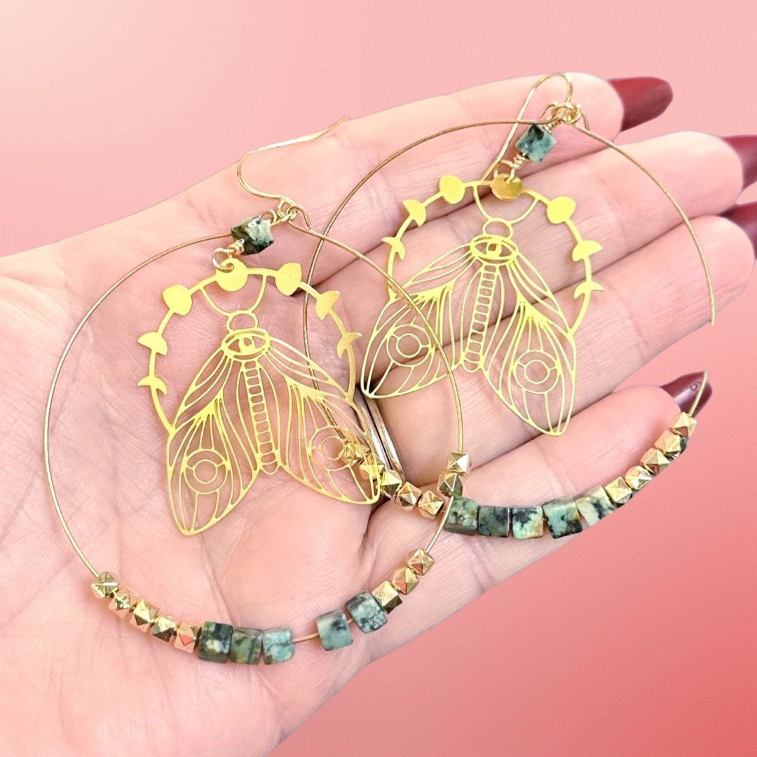 Gold & African Turquoise Moth Hoop Earrings