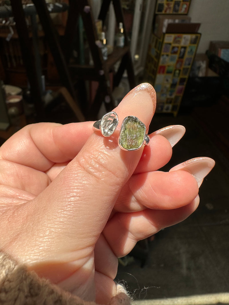 Moldavite and Herkimer Diamond Sterling Silver Ring