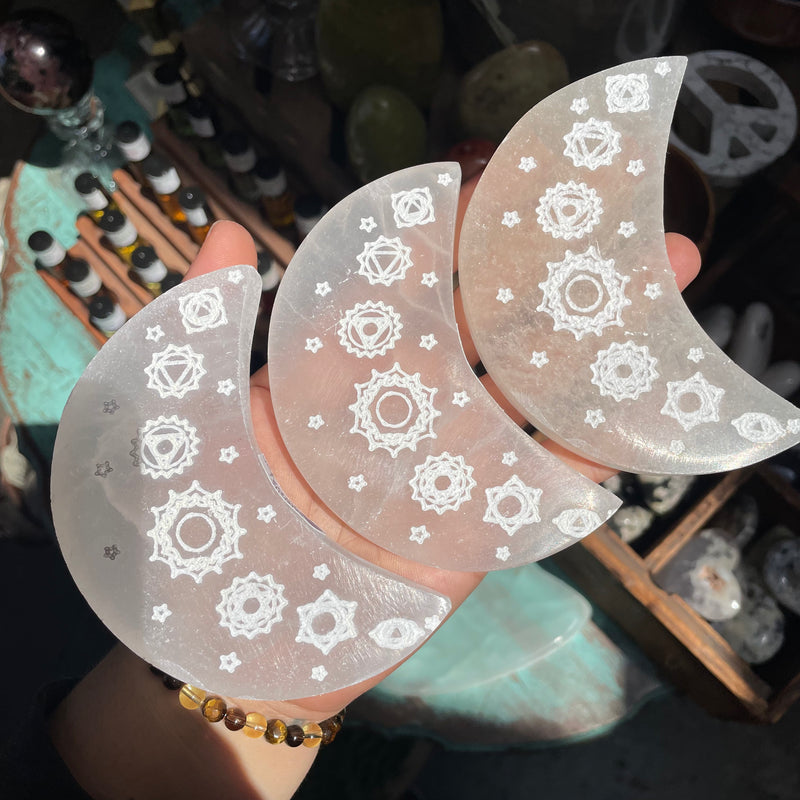Selenite Satin Spar Moons with Chakra Symbols