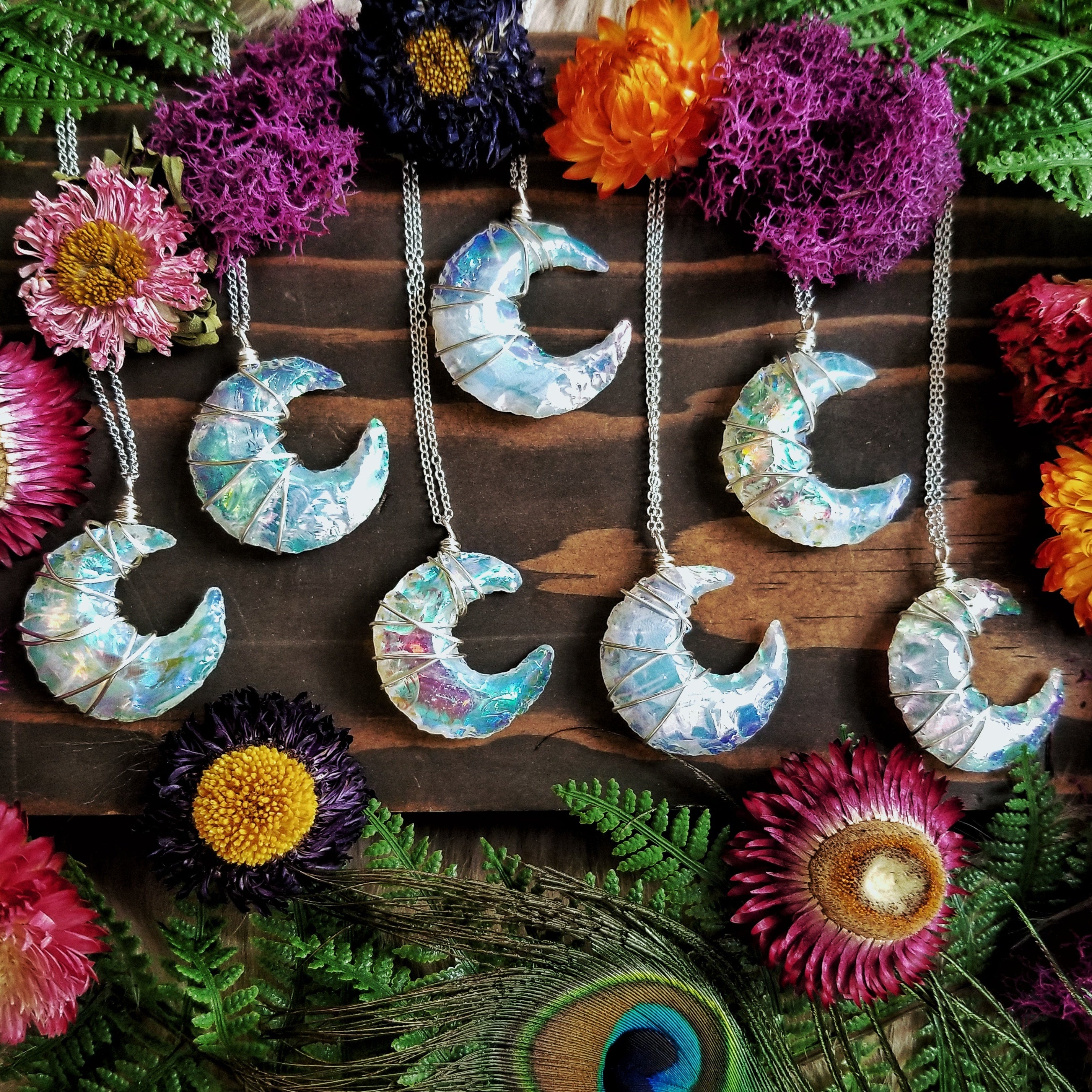Aura Opalite Crescent Moon Wire Wrapped Necklace