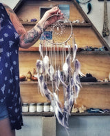 Gray, White, & Light Pink Dream Catcher with Rose Quartz Beads
