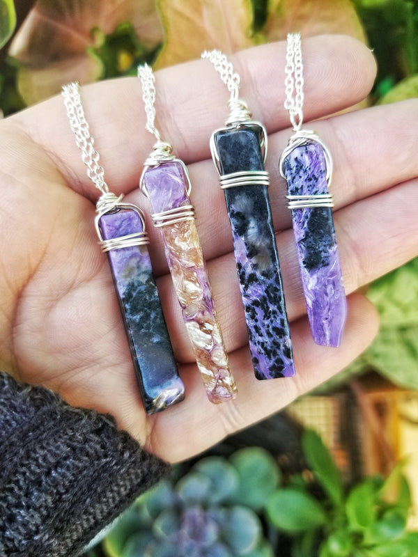 Charoite Bar Sterling Silver Necklace
