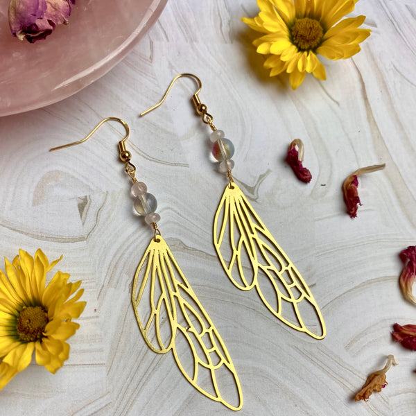 Golden Fairy Wing Earrings with Aura Quartz and Rose Quartz