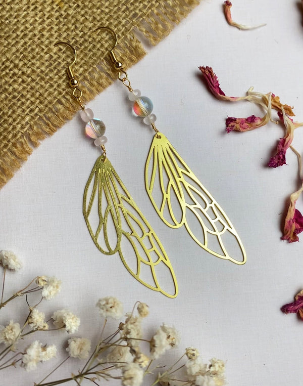 Golden Fairy Wing Earrings with Aura Quartz and Rose Quartz