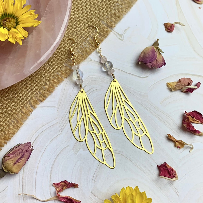 Golden Fairy Wing Earrings with Aura Quartz and Rose Quartz