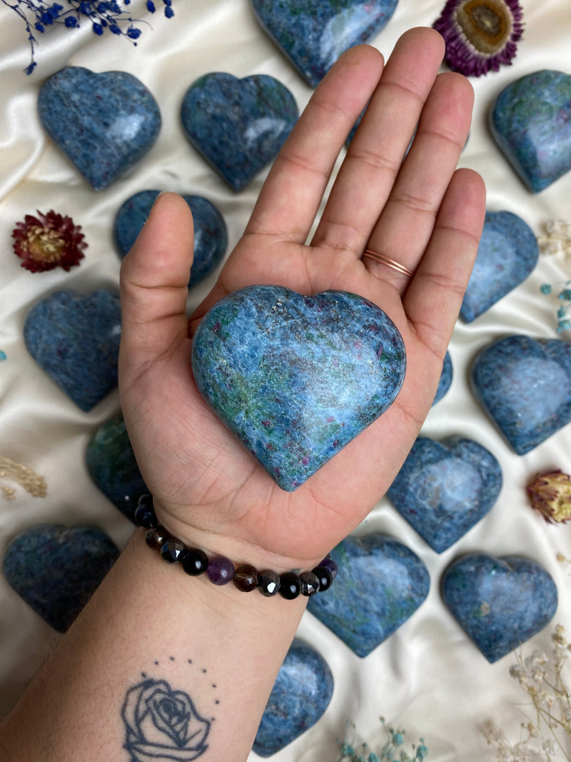 Kyanite Palm Stone Heart with Ruby and Fuchsite