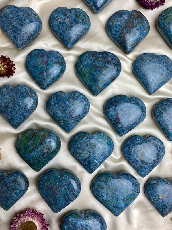 Kyanite Palm Stone Heart with Ruby and Fuchsite