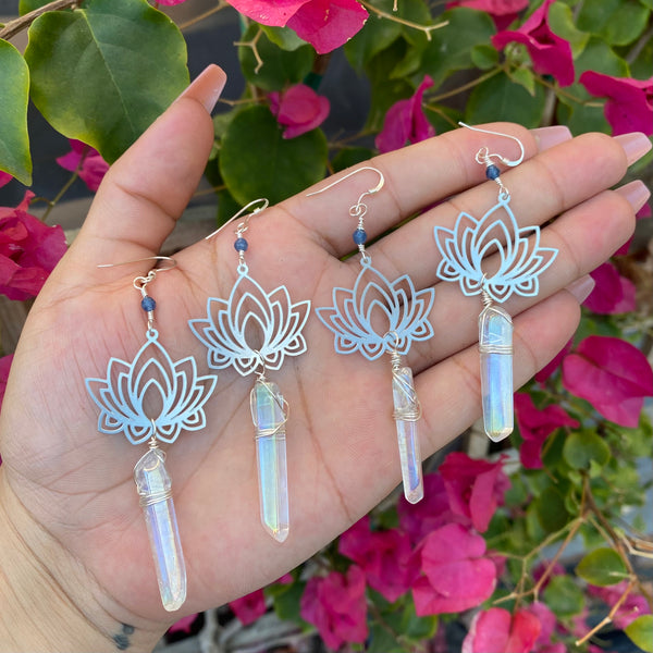 Lotus Flower Earrings with Aura Quartz Points and Sapphire