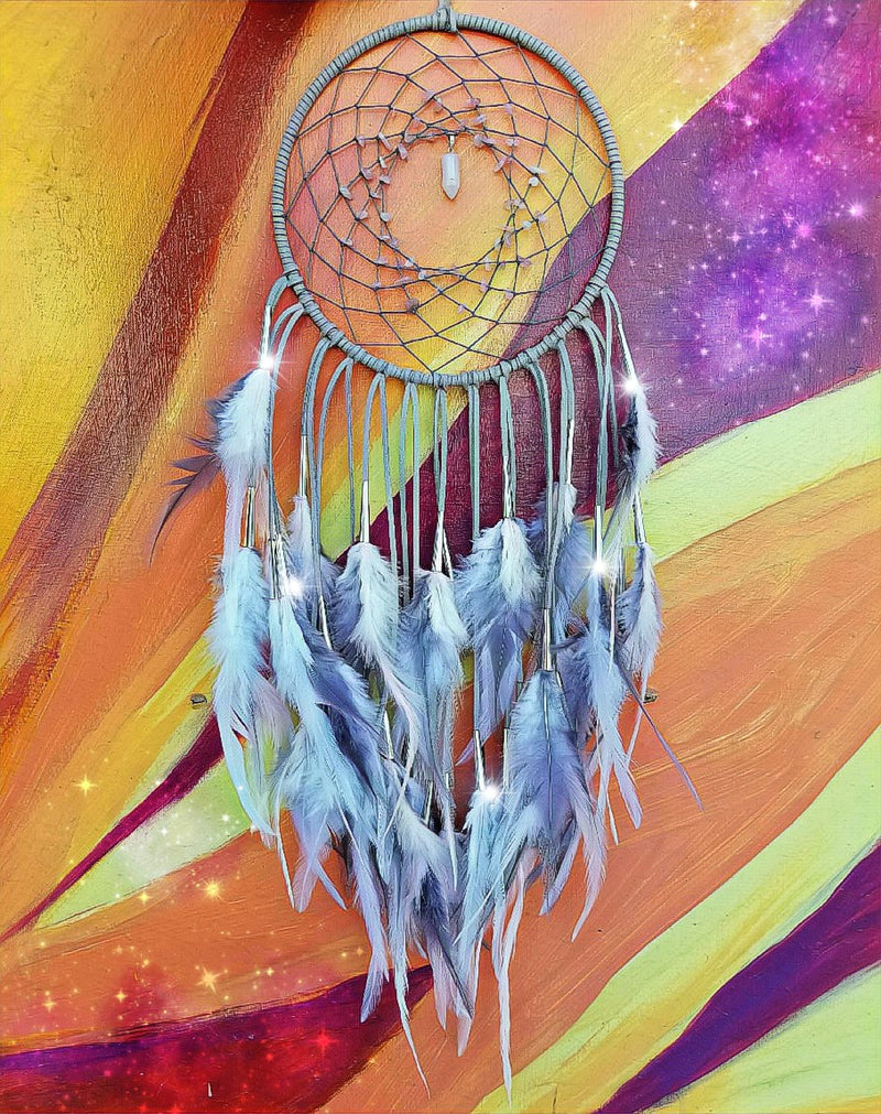 Gray, White, & Light Pink Dream Catcher with Rose Quartz Beads