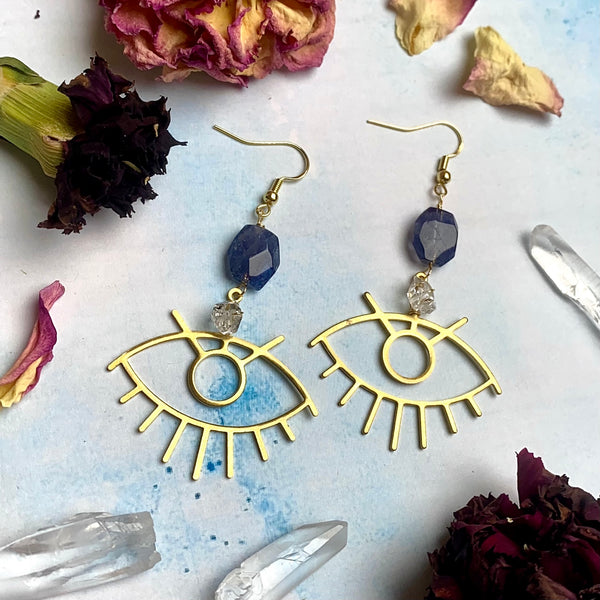 Iolite & Hermiker Diamond Third Eye Earrings