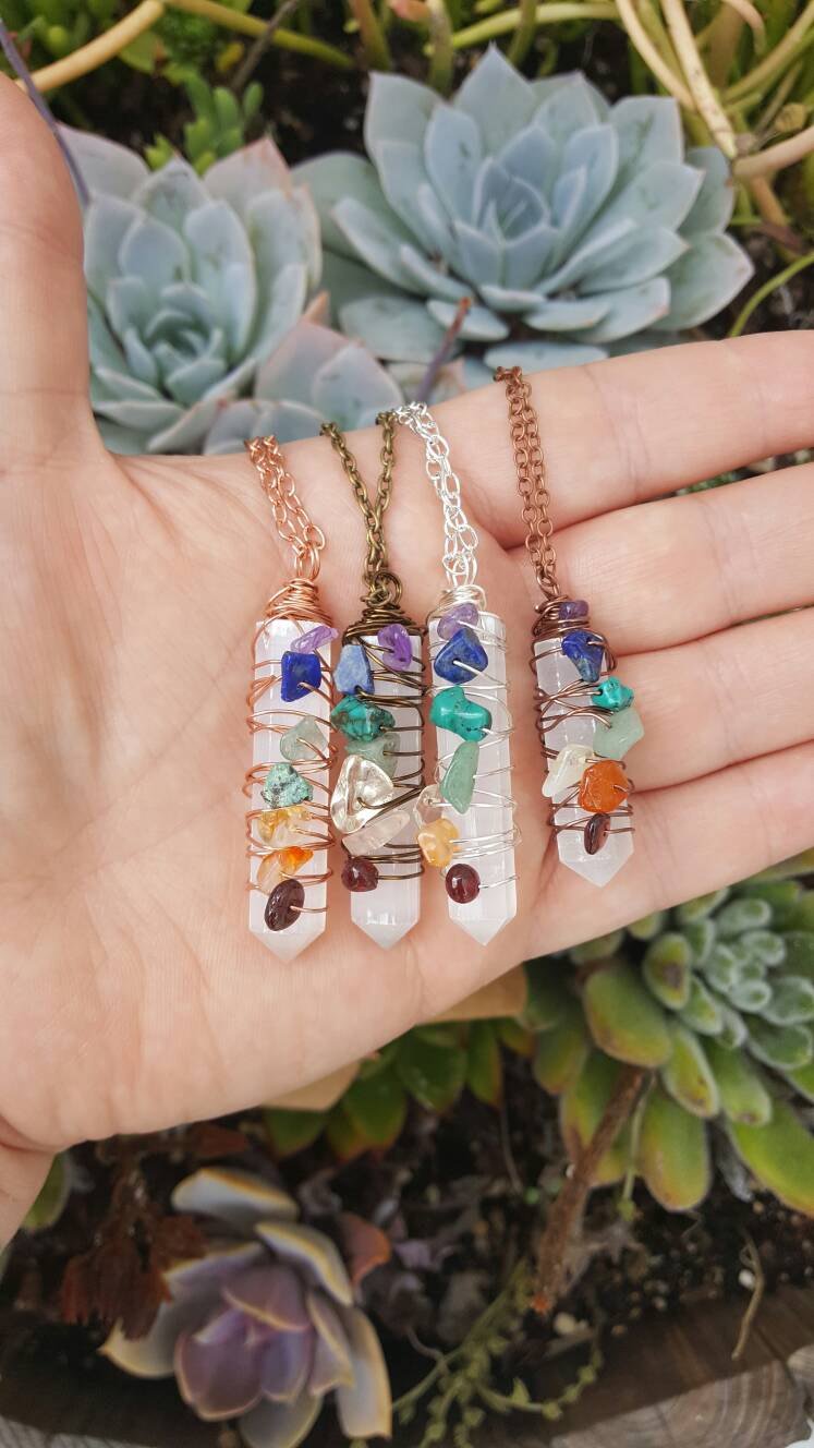 Selenite Chakra Wire Wrapped Pendant Necklace - Copper - Silver - Antique Copper - Vintage Bronze