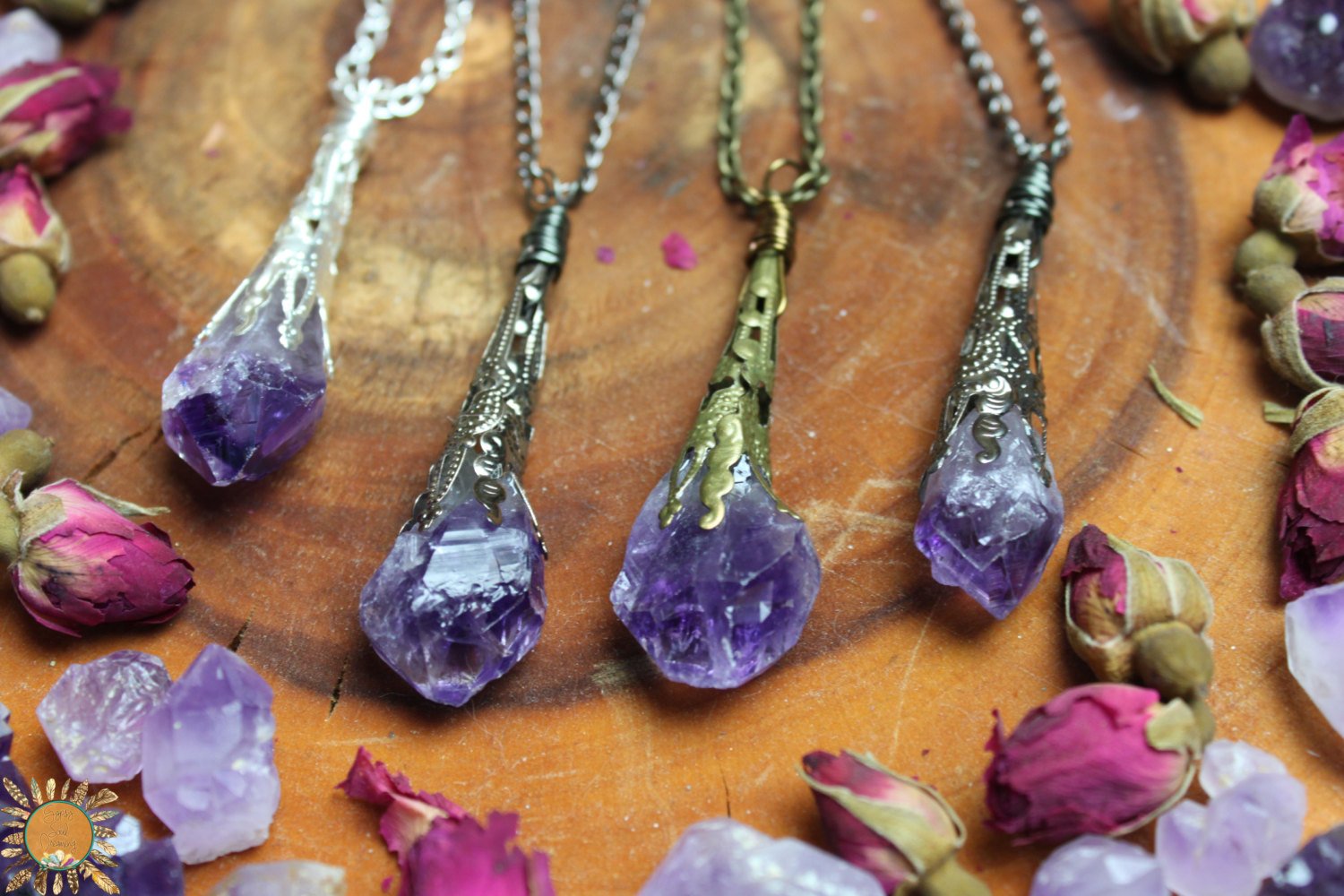 Amethyst Point Pendant Necklace with Ornate Vintage Detail