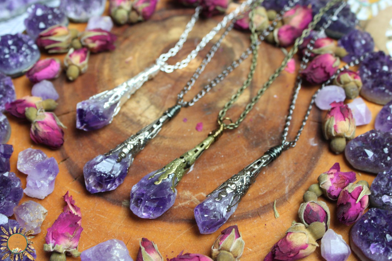 Amethyst Point Pendant Necklace with Ornate Vintage Detail