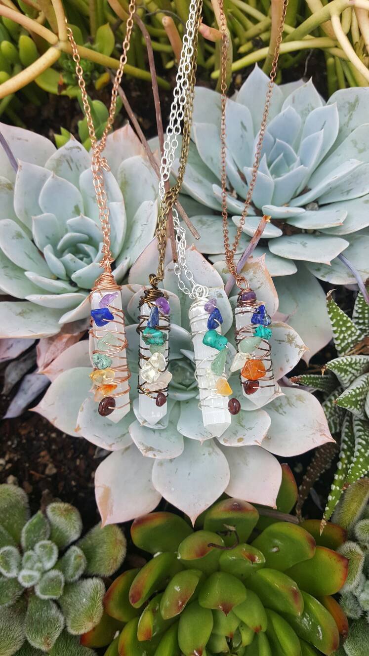 Selenite Chakra Wire Wrapped Pendant Necklace - Copper - Silver - Antique Copper - Vintage Bronze