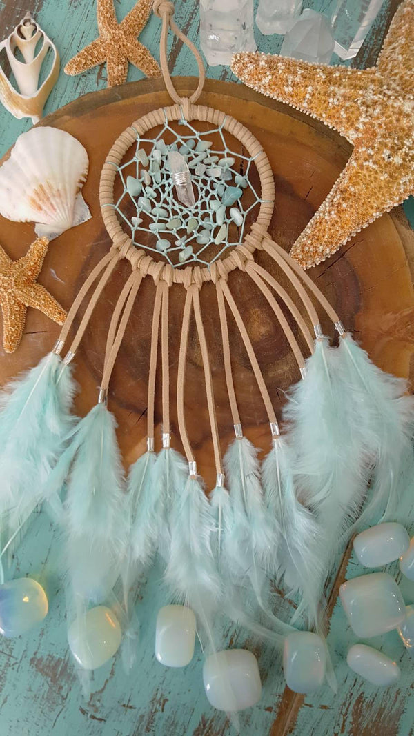 Sand Colored Dream Catcher with Mint Hemp, Amazonite Beads, and a Clear Quartz Point