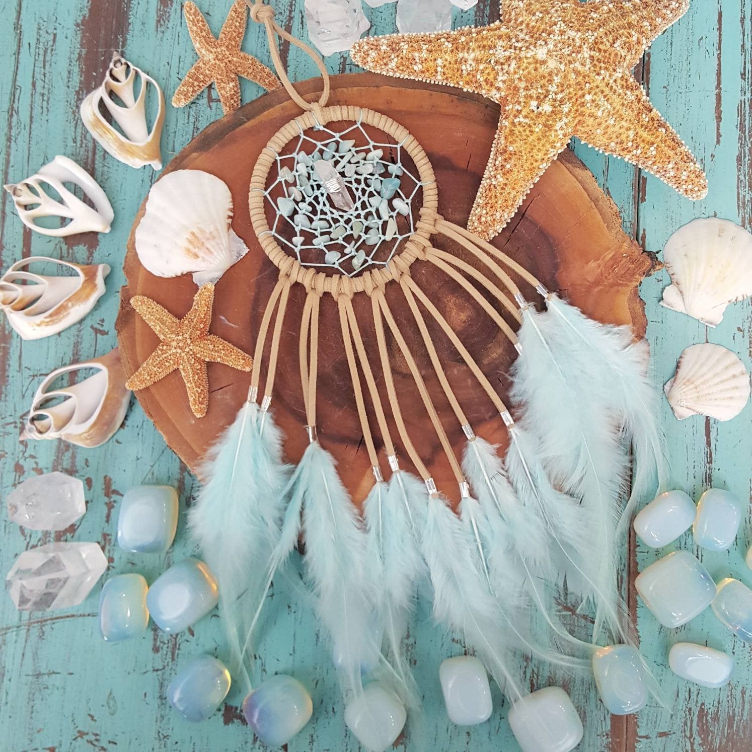 Sand Colored Dream Catcher with Mint Hemp, Amazonite Beads, and a Clear Quartz Point