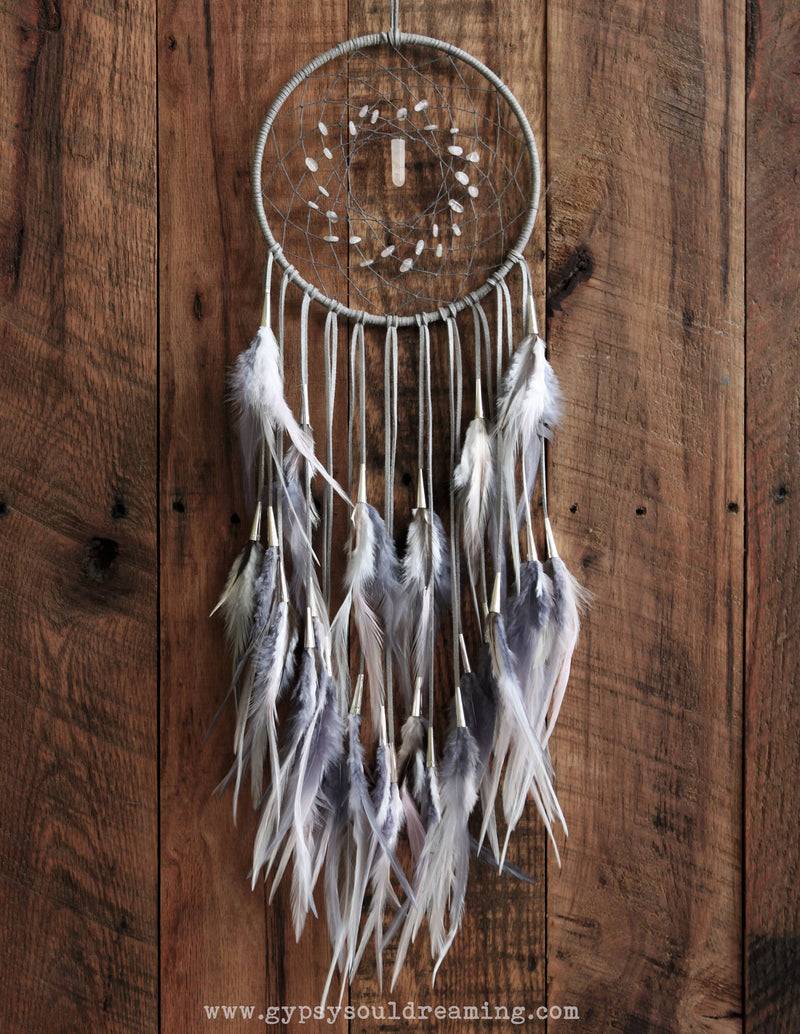 Gray, White, & Light Pink Dream Catcher with Rose Quartz Beads