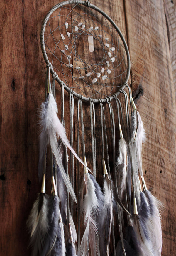 Gray, White, & Light Pink Dream Catcher with Rose Quartz Beads