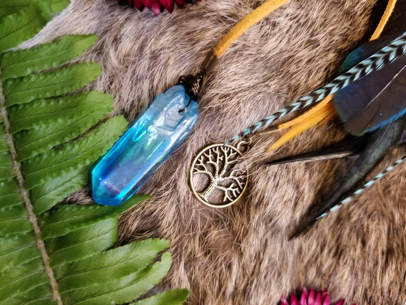 Dream Catcher Rear View Mirror Charm // Golden Yellow // Turquoise // Tree of Life // Aqua Aura Quartz