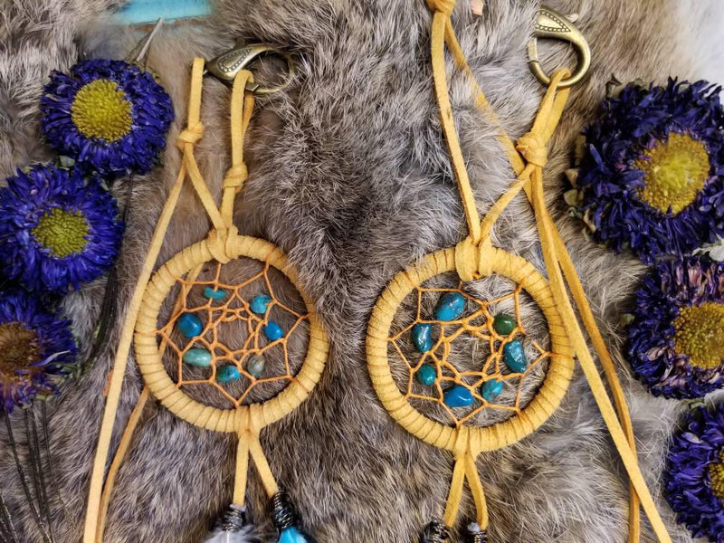 Dream Catcher Rear View Mirror Charm // Golden Yellow // Turquoise // Tree of Life // Aqua Aura Quartz