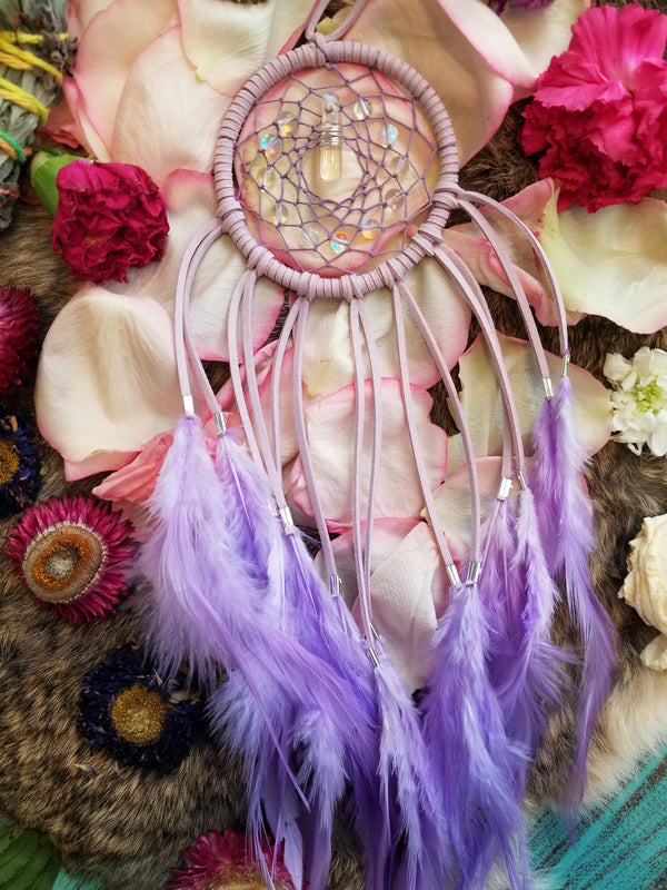 Lavender Dream Catcher // Aura Quartz Bubble Beads // Lavender Hemp // Lavender Feathers // Clear Quartz Point