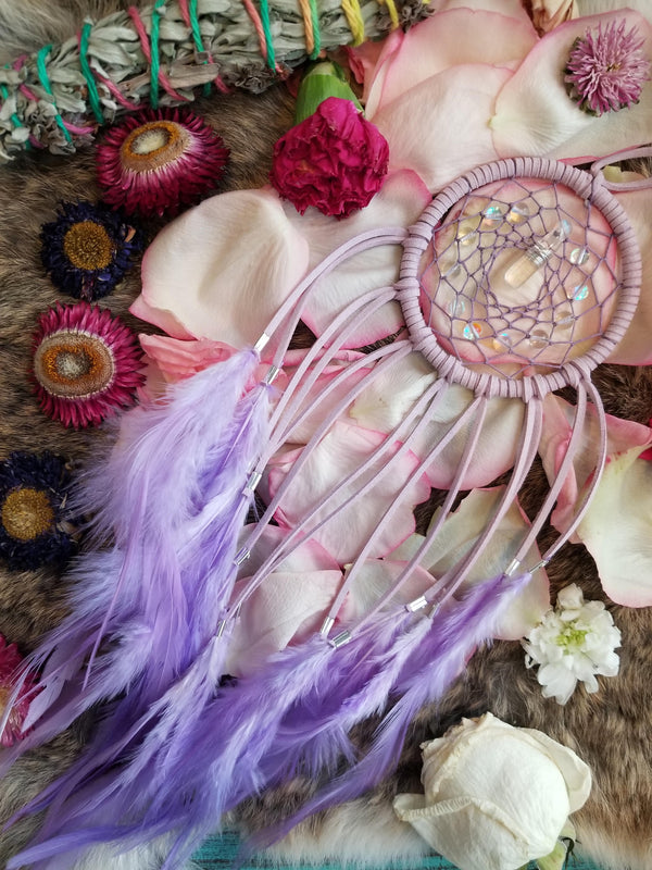 Lavender Dream Catcher // Aura Quartz Bubble Beads // Lavender Hemp // Lavender Feathers // Clear Quartz Point