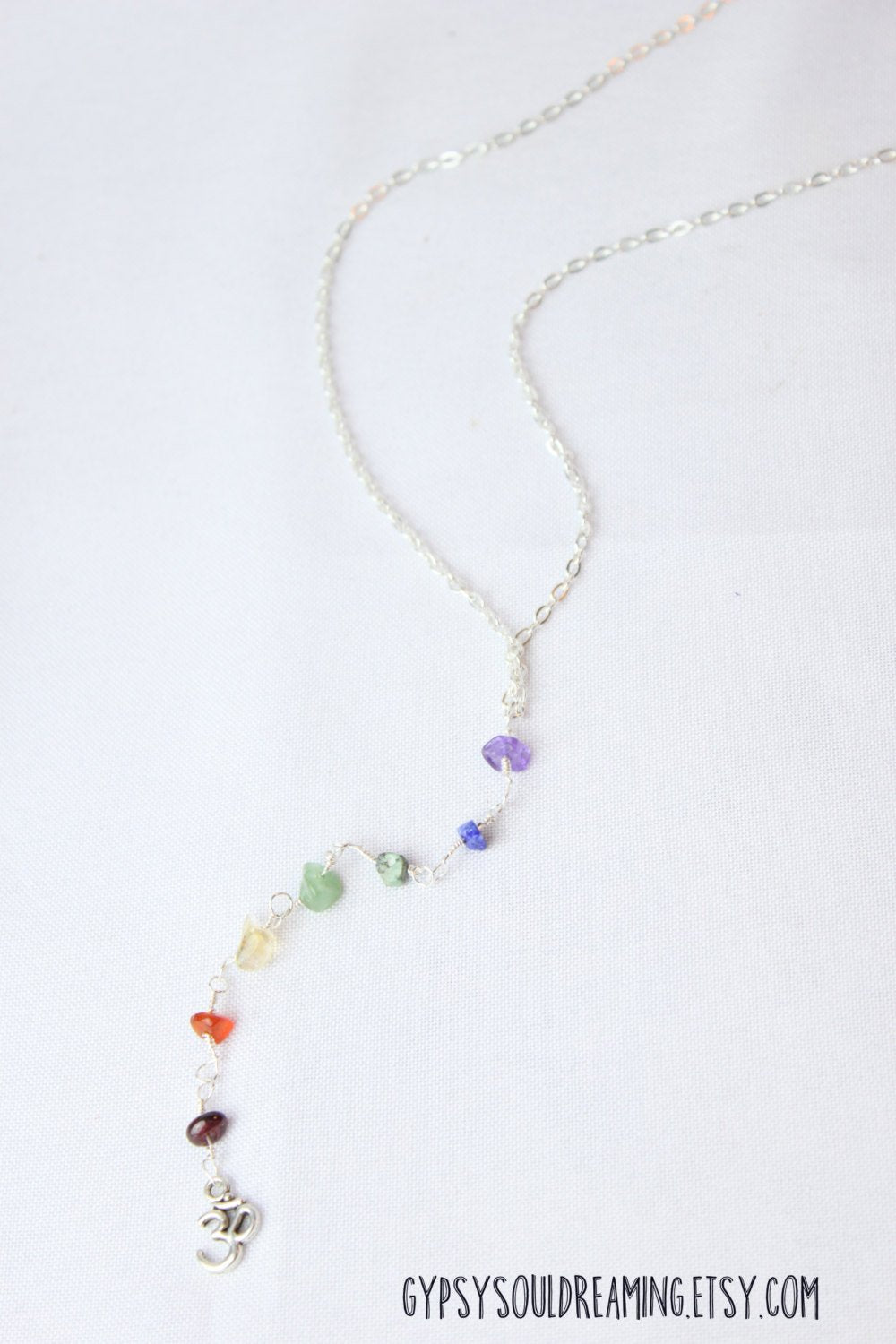 Long Dangle Chakra Necklace Hand Wrapped with an Ohm Charm and Clasp Closure