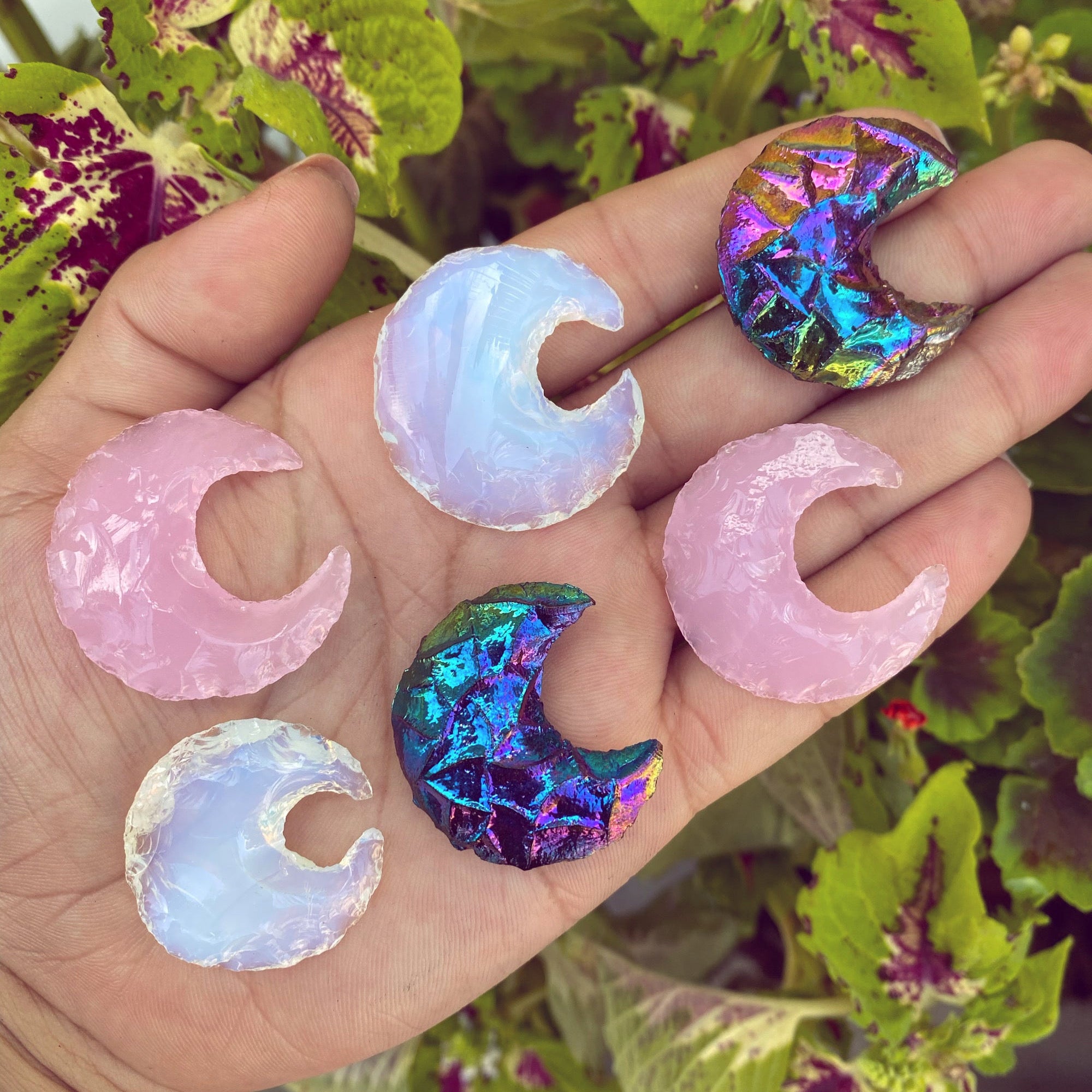 Carved Moon Opalite, Rose Quartz, or Titanium Obsidian
