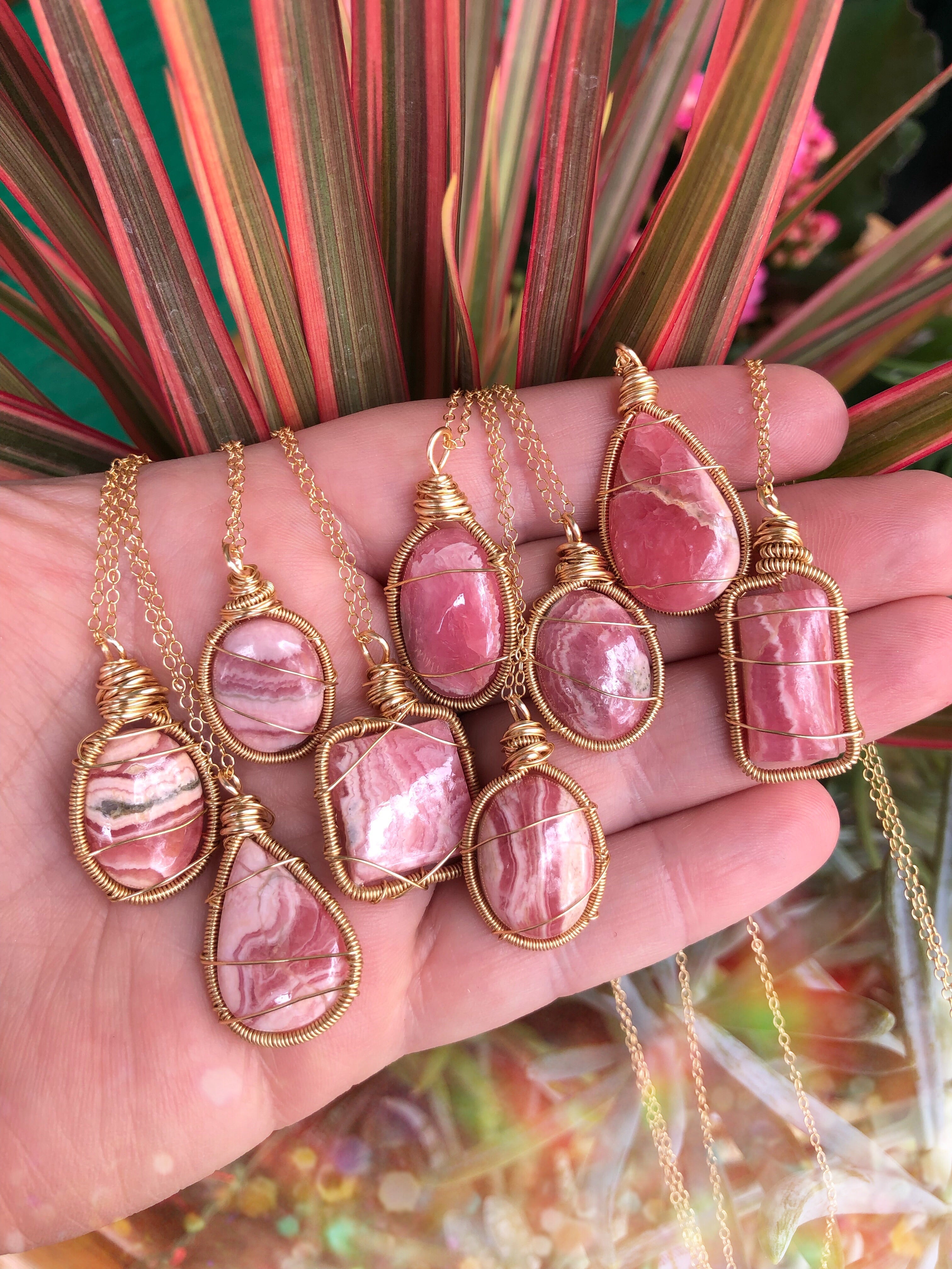 Rhodochrosite & Gold Wire Wrapped Necklace