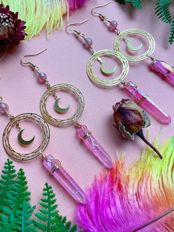Pink Aura Quartz Moon Earrings