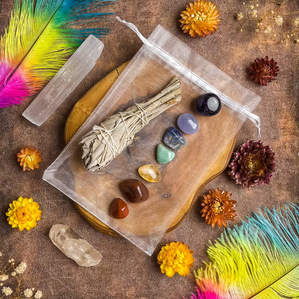 Chakra Crystal Healing Kit - Selenite - Sage - Terminated Quartz Tower
